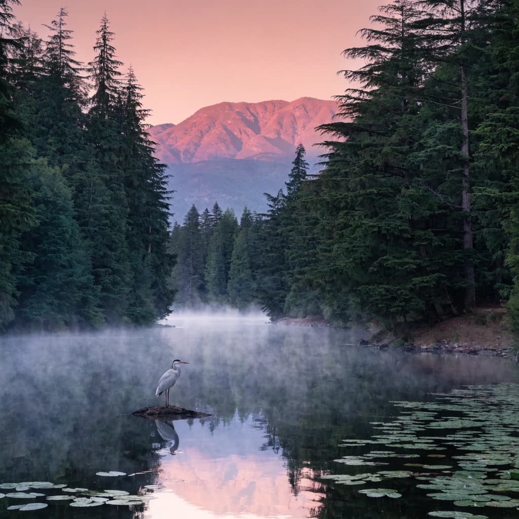 With pre-dawn mist along a cedar forest river and glassy water dotted with lily pads, distant mountains blush pink, and a heron stands still like it forgot what to do next.