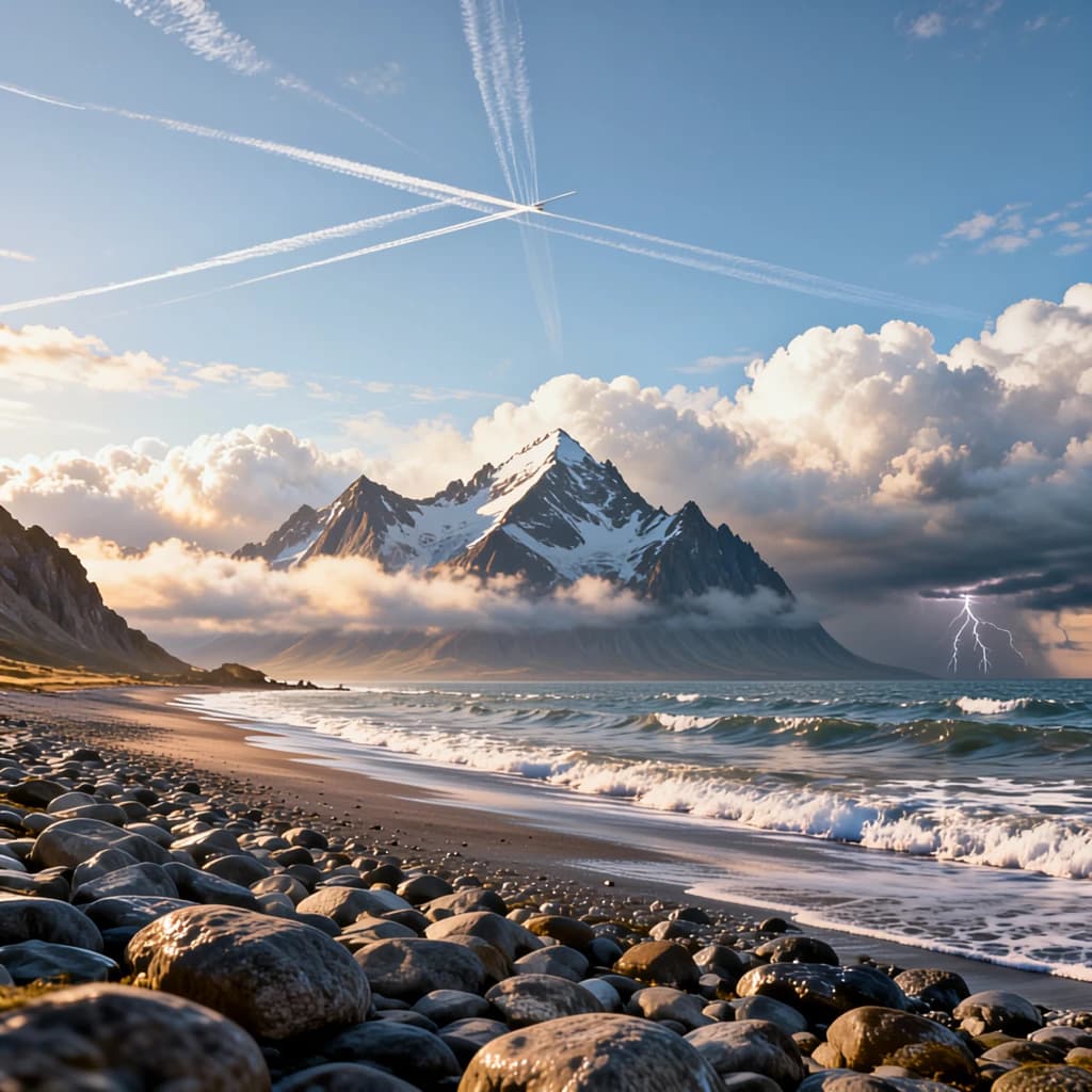 A stunning mountain vista pokes through the cloud top. Contrails from a distant airplane linger in the air. In the foreground there is a stony beach with foamy seas. A thunder storm is visibile in the distant right.