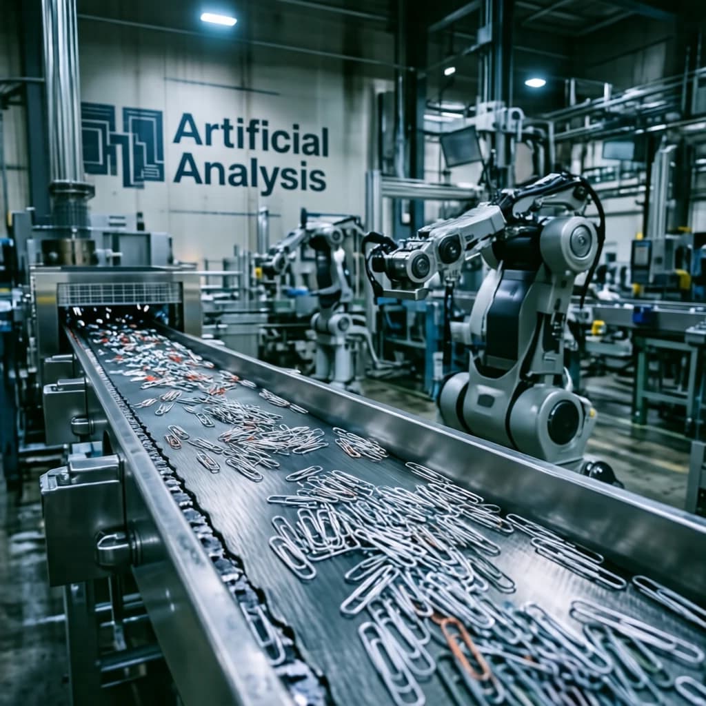 Close up point of view perspective on a conveyor belt pumping out paperclips at a maddening pace. The high tech factory has Artificial Analysis printed proudly on the wall. Robot staff look approvingly over the robust output.