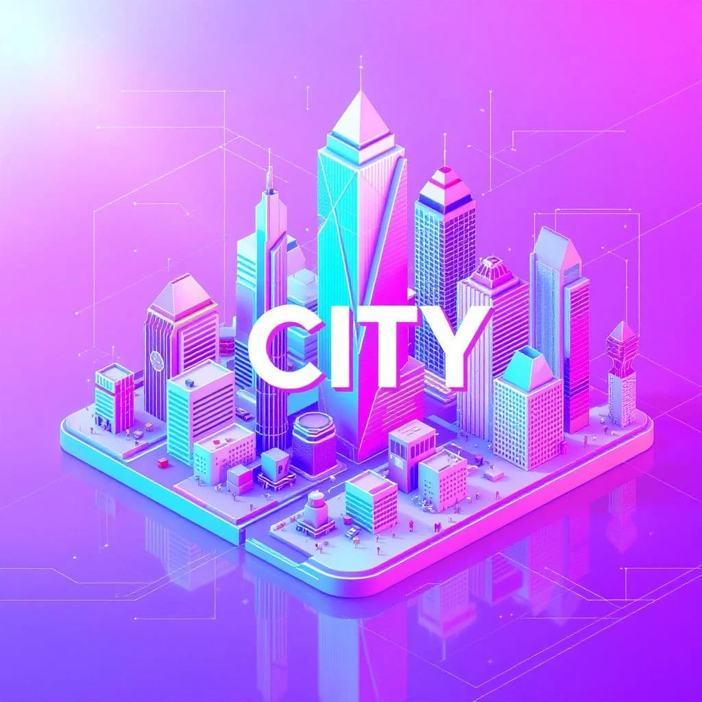 Render an isometric city poster with geometric buildings, neon gradients, gloss highlights, soft AO shadows, clean sans-serif lettering, grid layout, reflections a bit overexposed.
