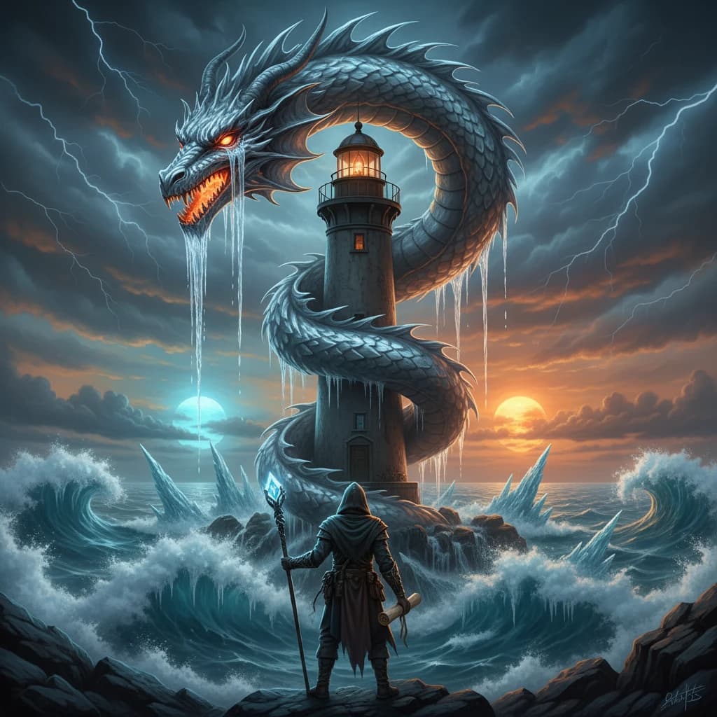 A dragon of molten silver coils around a lighthouse. The storming sea below crashes upward in frozen stillness, as though caught mid-motion. The dragon’s molten eyes drip tears of ice. On the horizon, two suns set next to each other, casting orange light on one side of the tower and blue on the other. A cloaked traveler carries an ancient weapon in his left hand and a scroll in his right.