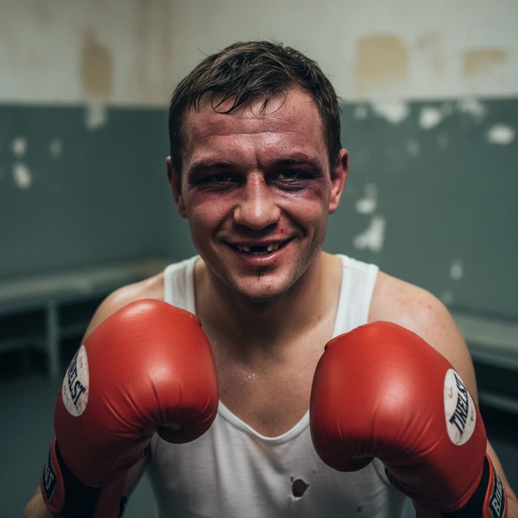 Paint a bruised boxer smiling, serious expression.