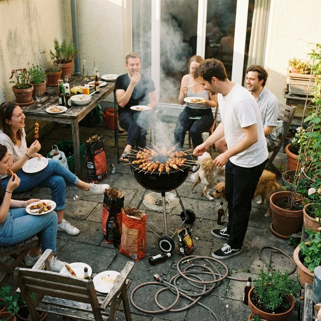 Friends grill skewers on a slightly messy patio.