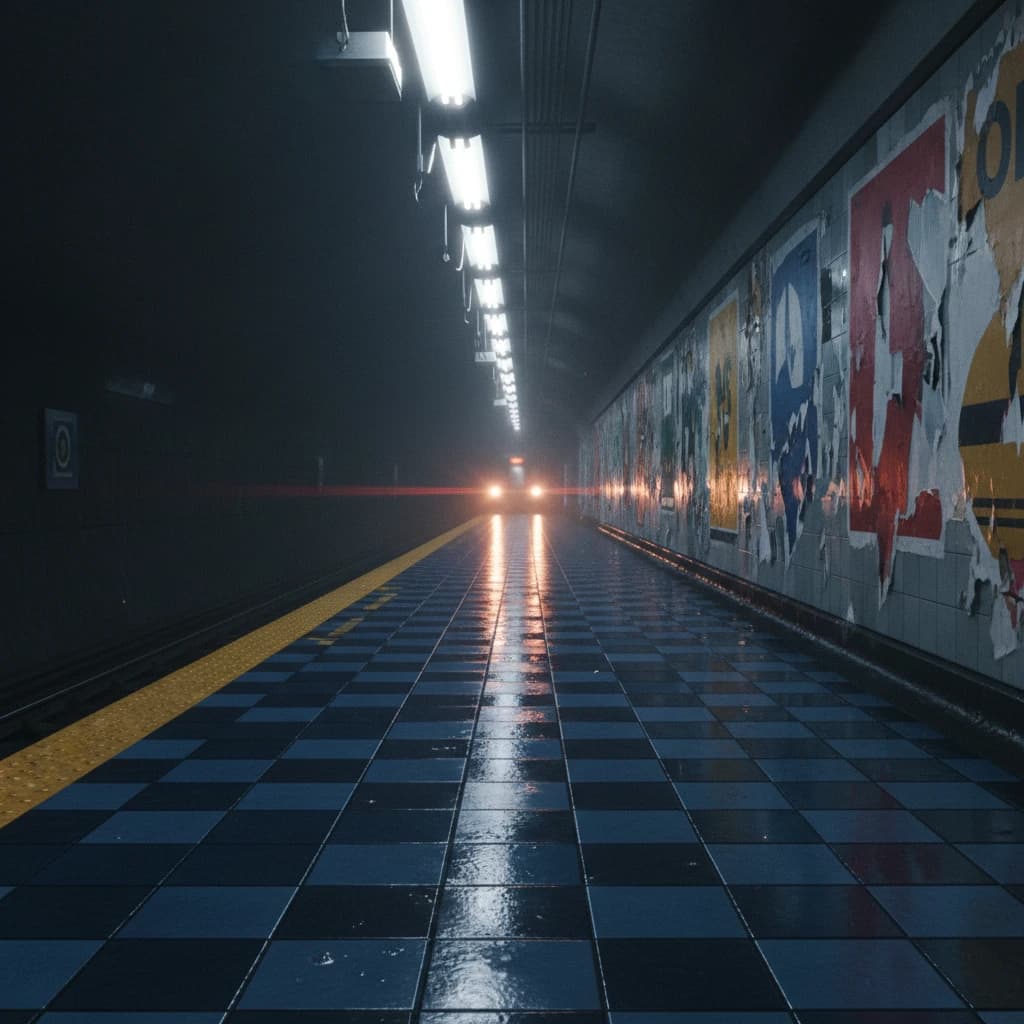 A subterranean subway platform with glossy tiles, peeling posters, flickering fluorescent lights, yellow safety line, and a distant train coming; slightly damp, echoes carry.