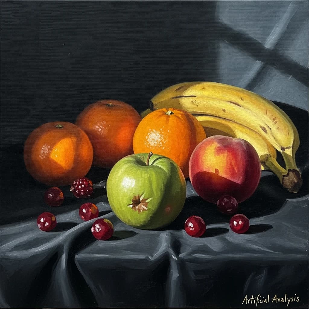 A still life scene painted oil on canvas, comprising various fruits on a black table cloth with striking lighting coming from the right out of frame, creating strong shadows. A bruised green apple is in the foreground, a peach behind it, and behind that a melange of oranges and bananas in various states of ripeness. Berries are strewn in front of the apple. The artist has signed his name "Artificial Analysis" in the bottom right corner in a hurried fashion.
