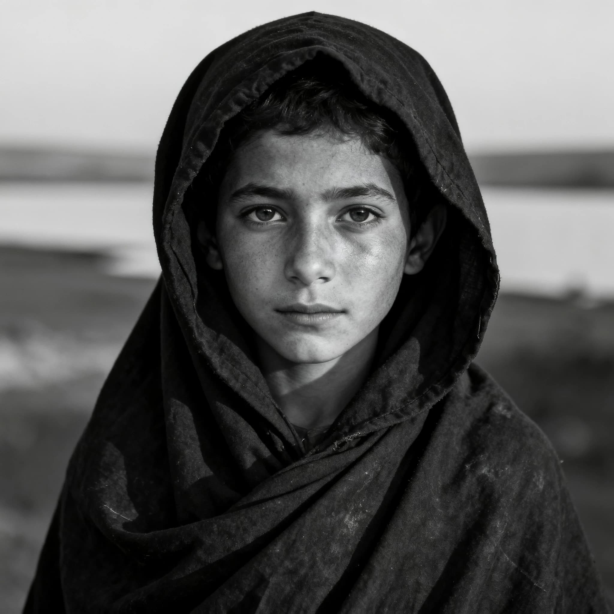 A dramatic black-and-white portrait of a young person draped in a hooded garment, their face framed by the hood's dark folds. Their skin tone and the subtle sheen on their cheeks create striking tonal contrast against the deep shadows. Their eyes are piercing, looking directly into the lens with a calm, steady intensity—neither confrontational nor submissive, but deeply present. The texture of the fabric is visible: it's dense, slightly weathered, and whisper-thin creases catch the light. In the background, an expansive, out-of-focus landscape suggests open space—perhaps distant plains or water—though the details remain soft and abstract. The overall mood is silent yet powerful, poised between vulnerability and resilience, with every highlight and shadow telling part of their story.