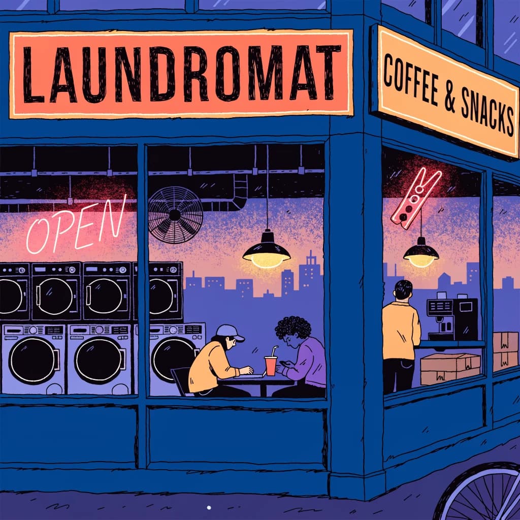 A cozy laundromat at dusk, neon humming, flat colors, bold inked lines.