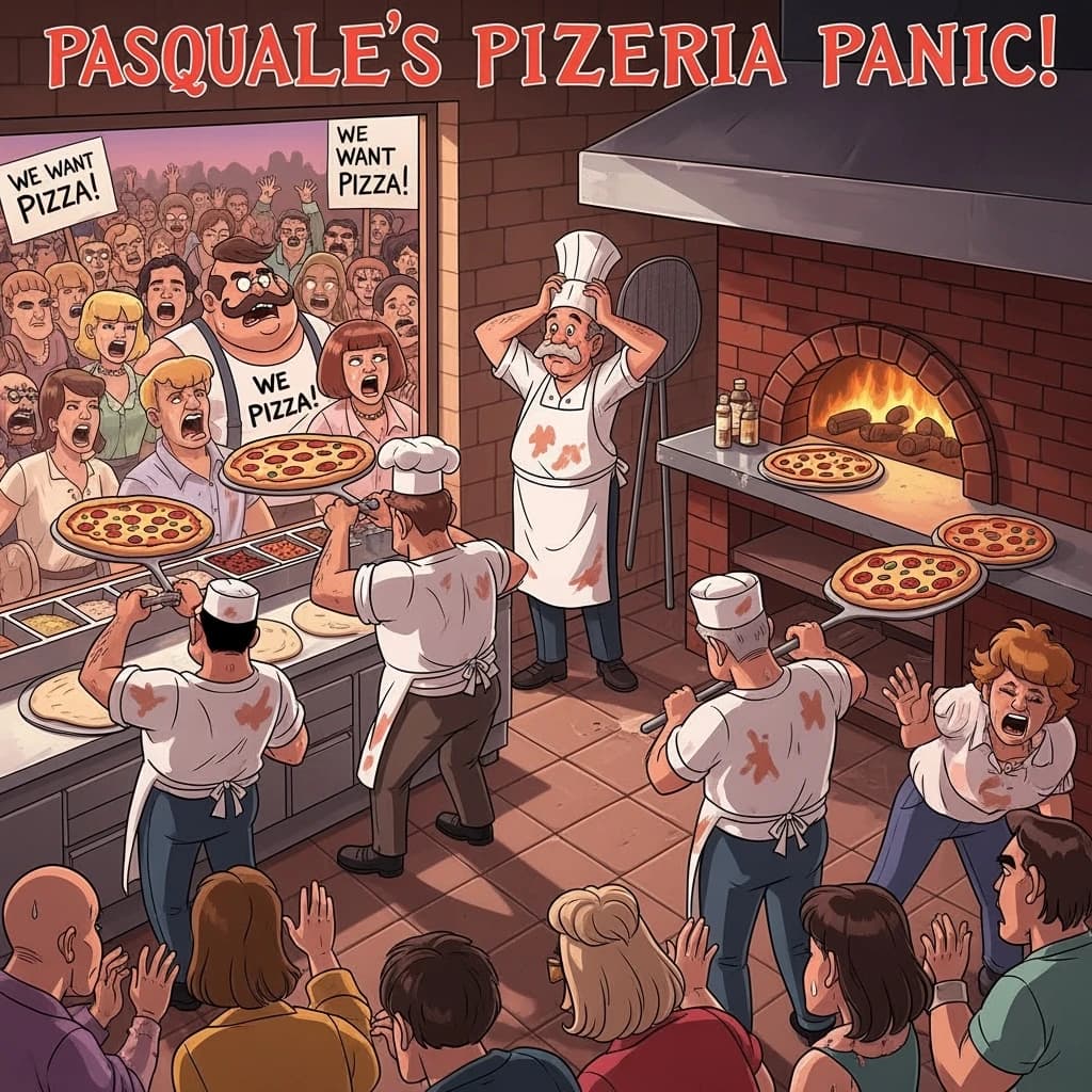 Pasquale is pulling his few remaining hairs out over a disaster at the pizzeria - the cooks are working as fast as they can but the crowds outside are swelling and they demand hot hot pizza! They are banging on the glass and some are wearing "we want pizza" shirts. 1980s western TV animation style.