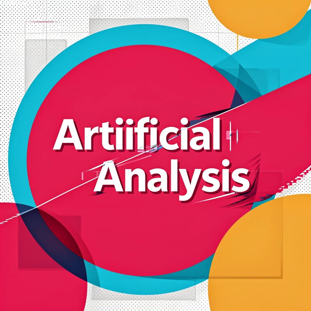 A bold poster composition dominated by flat geometric shapes in crimson, cobalt, and ochre. Overlapping circles and sharp diagonal lines create dynamic tension across the frame. A single sans-serif word — Artificial Analysis — stretches across the center in stark white, distorted slightly as though caught mid-glitch. The background is textured with halftone dots and faint grid lines, while subtle overlays of translucent rectangles suggest depth. Designed in the spirit of modernist Swiss typography fused with digital glitch aesthetics.