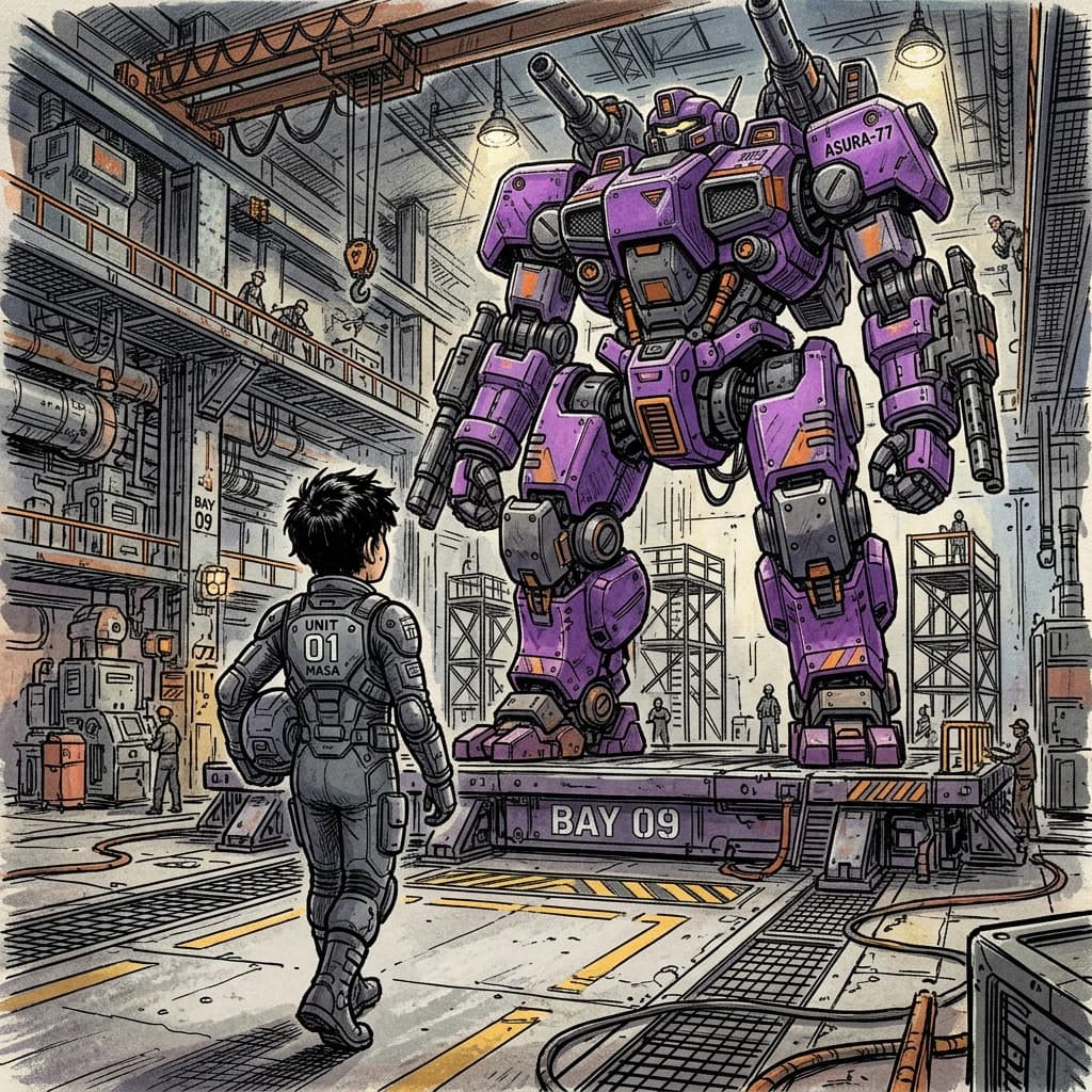 Clad in his body suit up to the neck, young Masa nervously approaches the towering mech with his back facing us. He is nervous for his first time in the field. The mech's bright purple colour scheme contrasts with the grey body suit. The scale of the mech dwarfs Masa. Hand drawn style