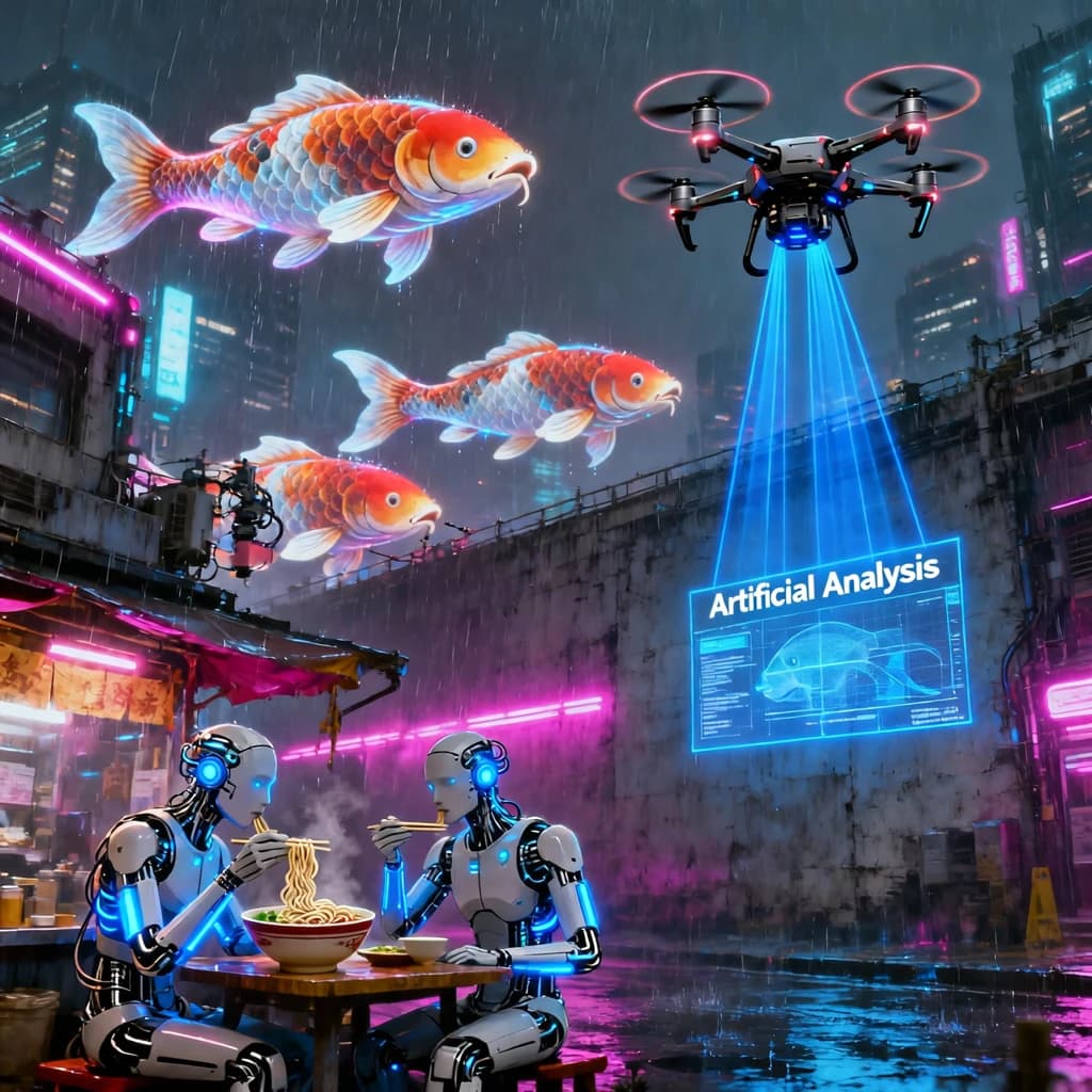 A neon alley in Neo-Tokyo 2142 drips with rain Cybernetic patrons slurp ramen at a stall with their glowing implants humming with blue light. Three giant holographic koi hover 10 metres above the ground and swim across the skyline, one has clipped into a building. A six-prop drone hovers nearby, projecting "Artificial Analysis" onto a wall with blue laser beams visible