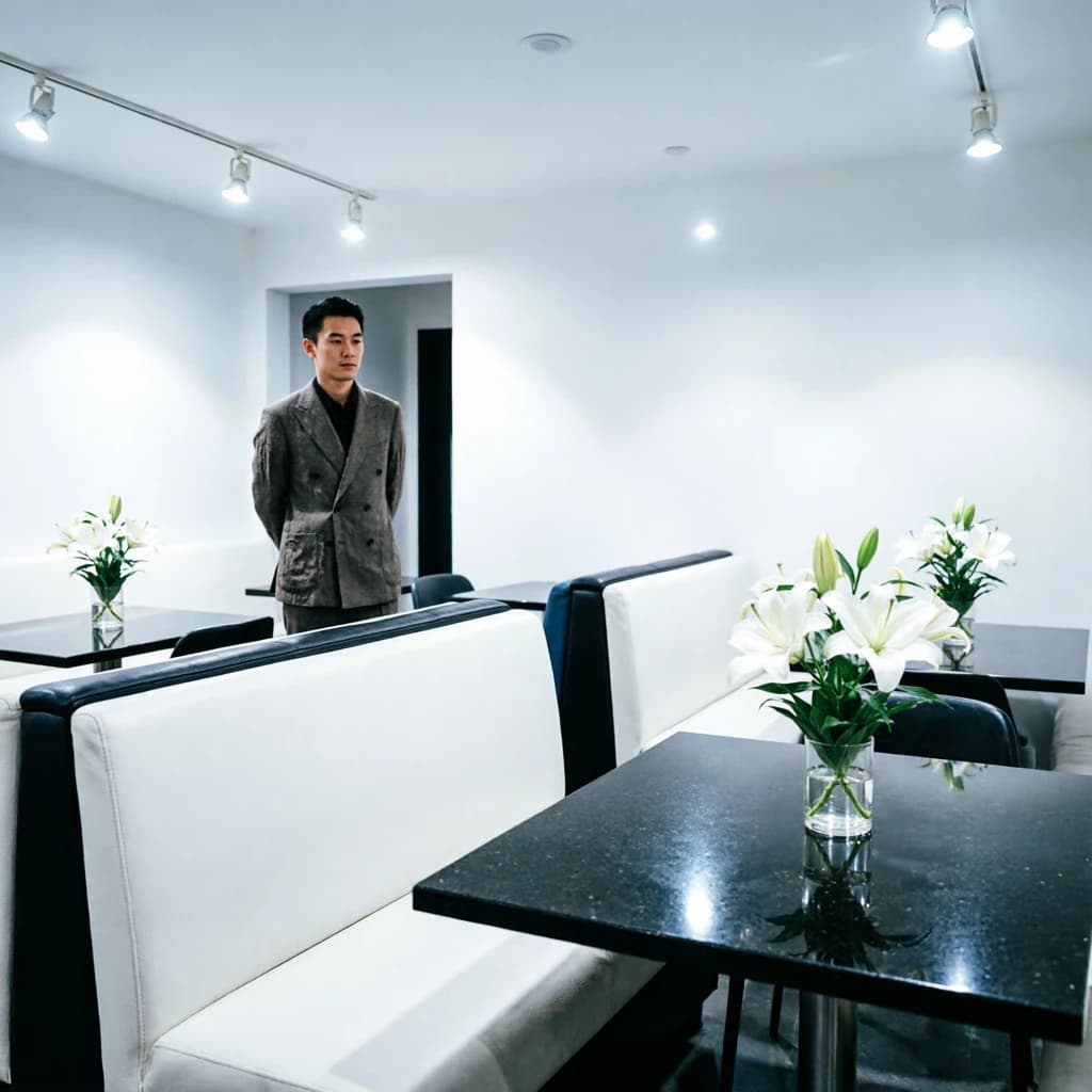 The place is almost empty. The banquettes are covered in white leather, the tables black granite, and the entire room is bathed in halogen track lighting that seems too bright. The maître d’ wears a double-breasted wool crepe jacket. There are lilies on every table.