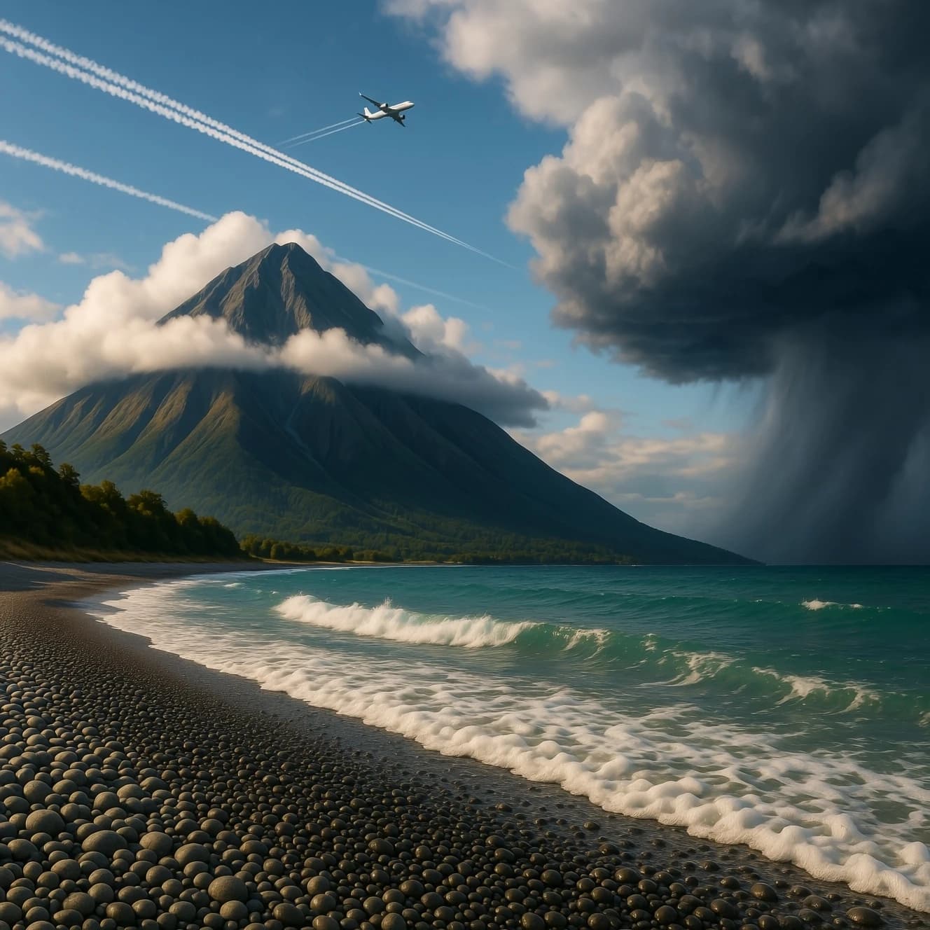 A stunning mountain vista pokes through the cloud top. Contrails from a distant airplane linger in the air. In the foreground there is a stony beach with foamy seas. A thunder storm is visibile in the distant right.