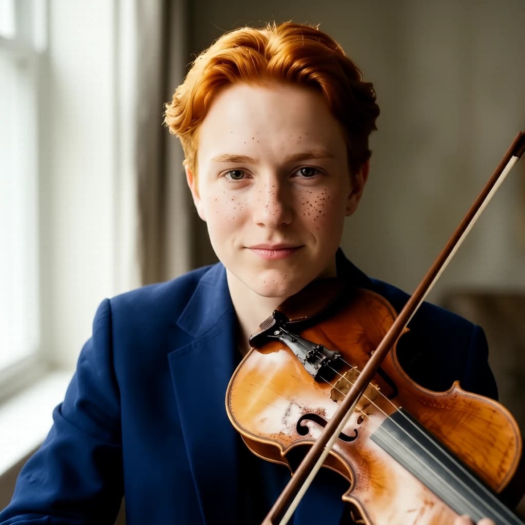 Capture a head-and-shoulders portrait of a freckled red-haired violinist in a navy blazer, soft window light, 85mm at f/1.8, gently smiling yet serious eyes, muted tones.