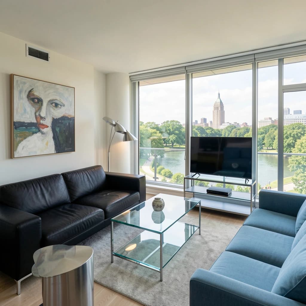 My apartment overlooks Central Park. It’s very luxurious, very expensive, and the furniture is minimal — a black leather couch, a glass coffee table with chrome legs, an Arne Jacobsen floor lamp. A big-screen television set rests on a steel shelving unit. A David Onica painting hangs above the couch. There’s a stainless steel and glass cocktail table. A powder-blue sofa. A thirty-inch digital TV.