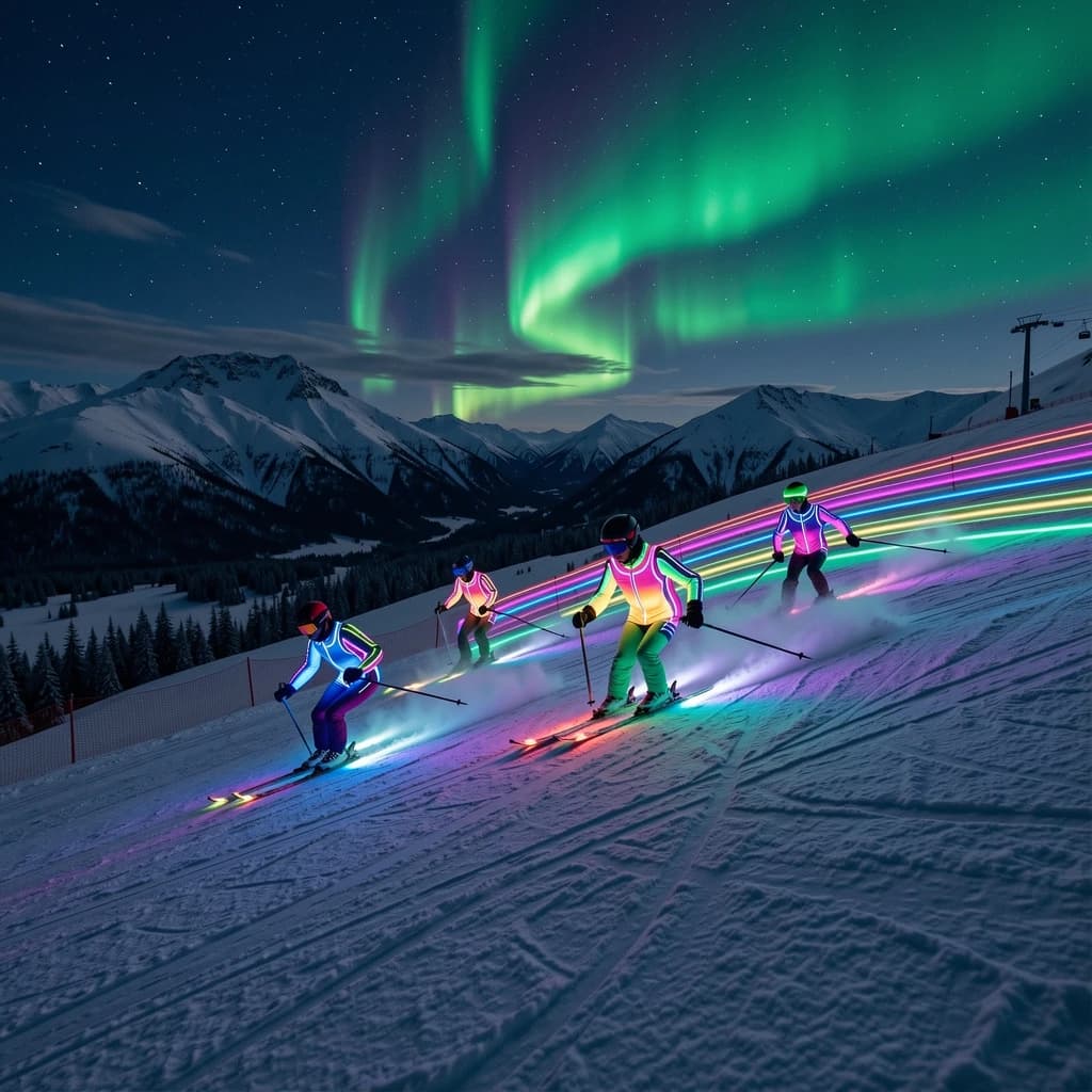 Coronet Peak Night Skiing: Skiers in colorful LED suits carve their way down the slopes of New Zealand's Coronet Peak under the Aurora Borealis, the skiers' light trails visible behind them
