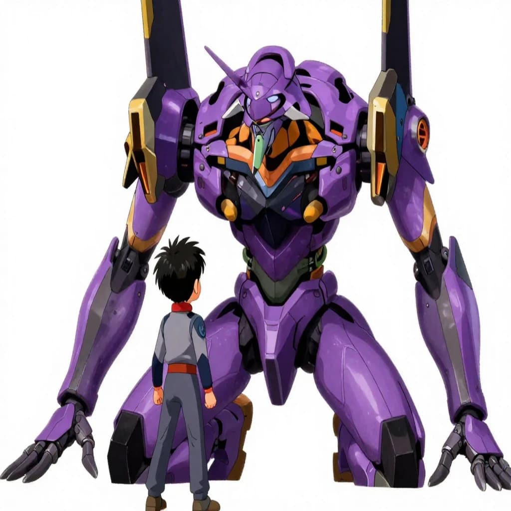 Clad in his body suit up to the neck, young Masa nervously approaches the towering mech with his back facing us. He is nervous for his first time in the field. The mech's bright purple colour scheme contrasts with the grey body suit. The scale of the mech dwarfs Masa. Hand drawn style