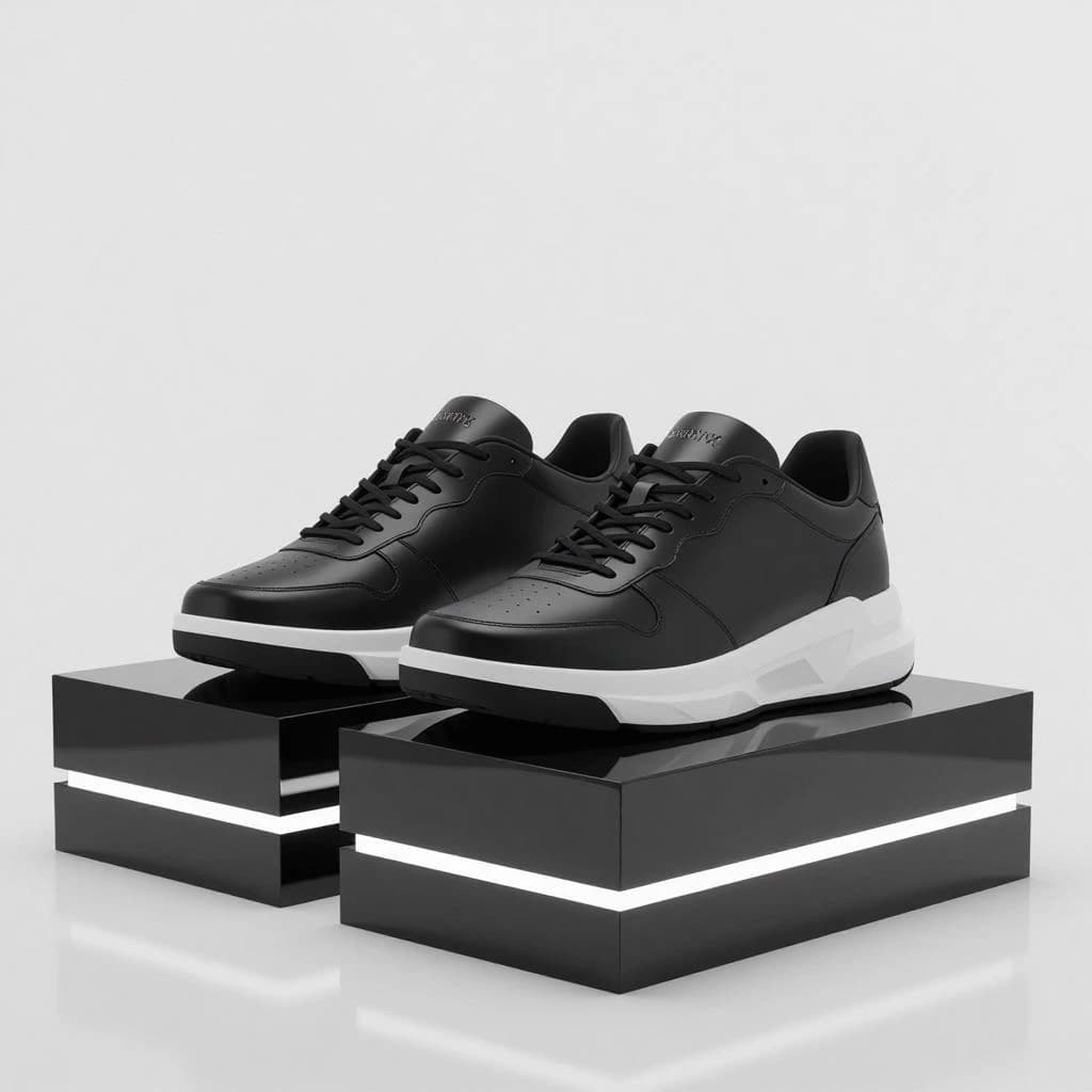 Make a polished 3D ad render: sneakers on glossy plinths, rim lighting.