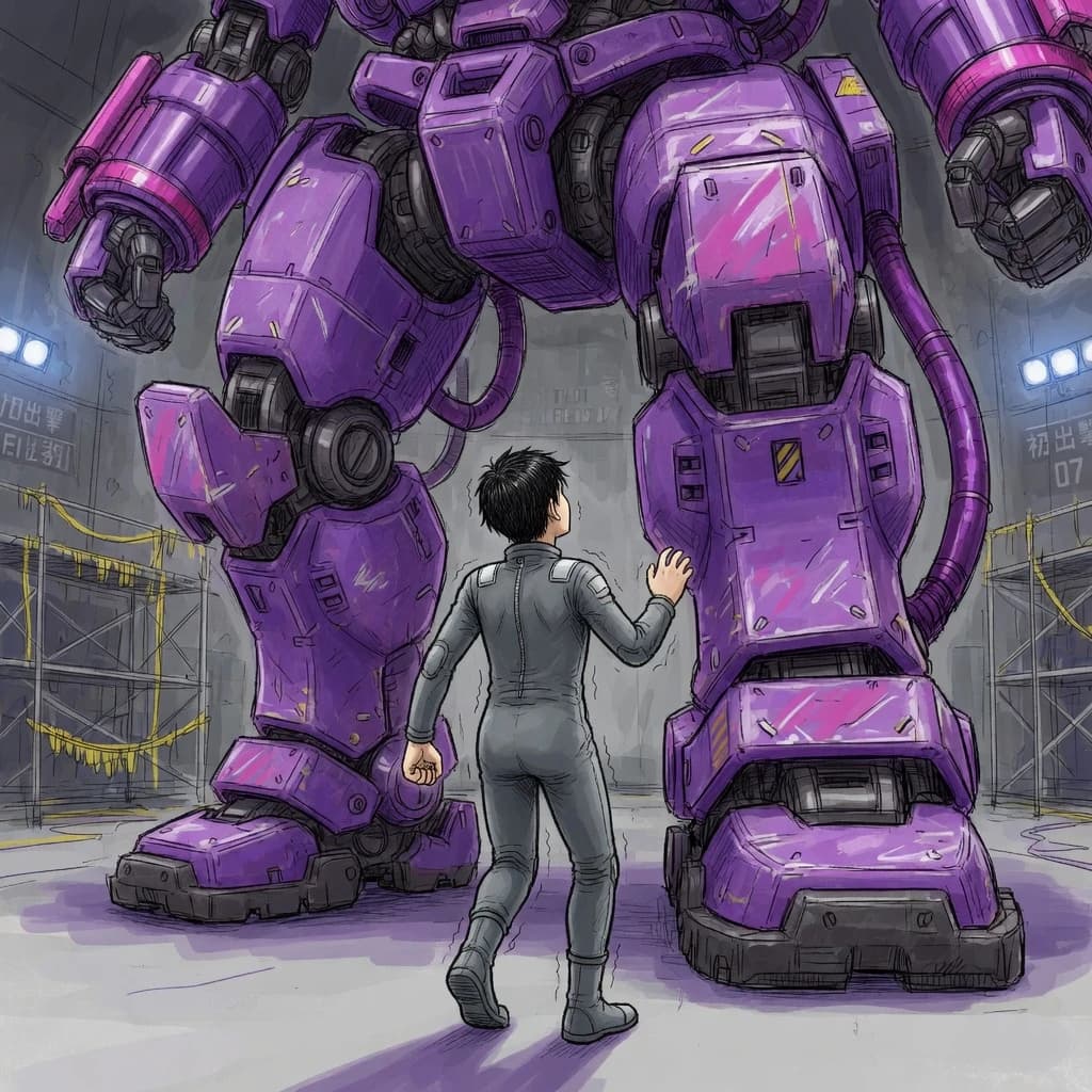Clad in his body suit up to the neck, young Masa nervously approaches the towering mech with his back facing us. He is nervous for his first time in the field. The mech's bright purple colour scheme contrasts with the grey body suit. The scale of the mech dwarfs Masa. Hand drawn style