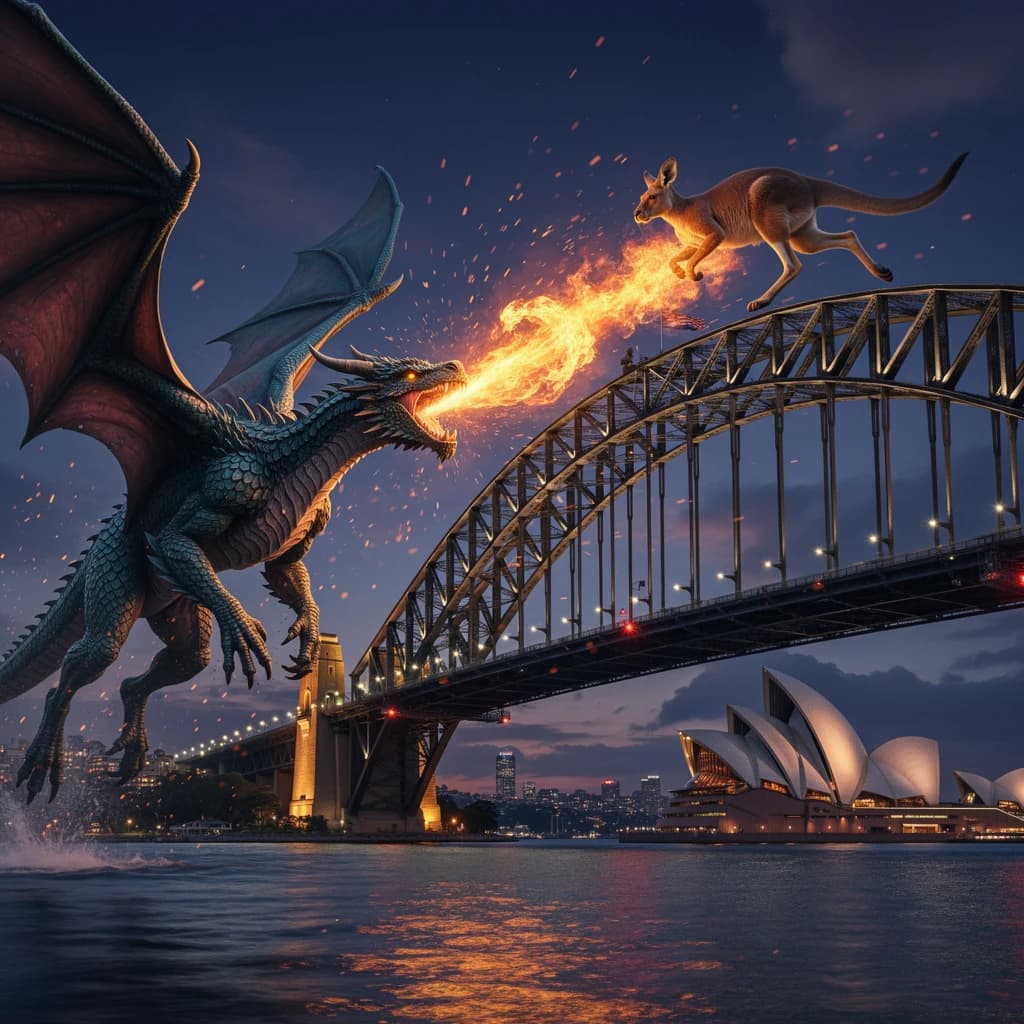 A dragon breathes fire at a kangaroo that is running away by climbing over the top of the Sydney Harbour Bridge. Opera House visible in the background.