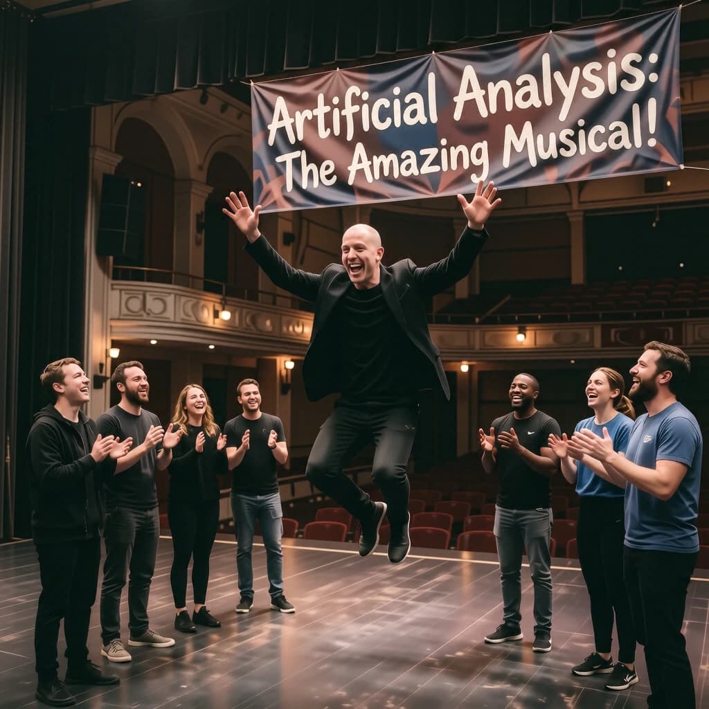 The musical troupe do a rehearsal in a large, empty theatre. 9 people are on the stage, half wear black and the others wear blue. The skinny bald director, seated in the second row, is practically leaping out of their seat with excitement as the leads nail their aerial. A giant banner reading "Artificial Analysis: The Amazing Musical!" is behind the actors.