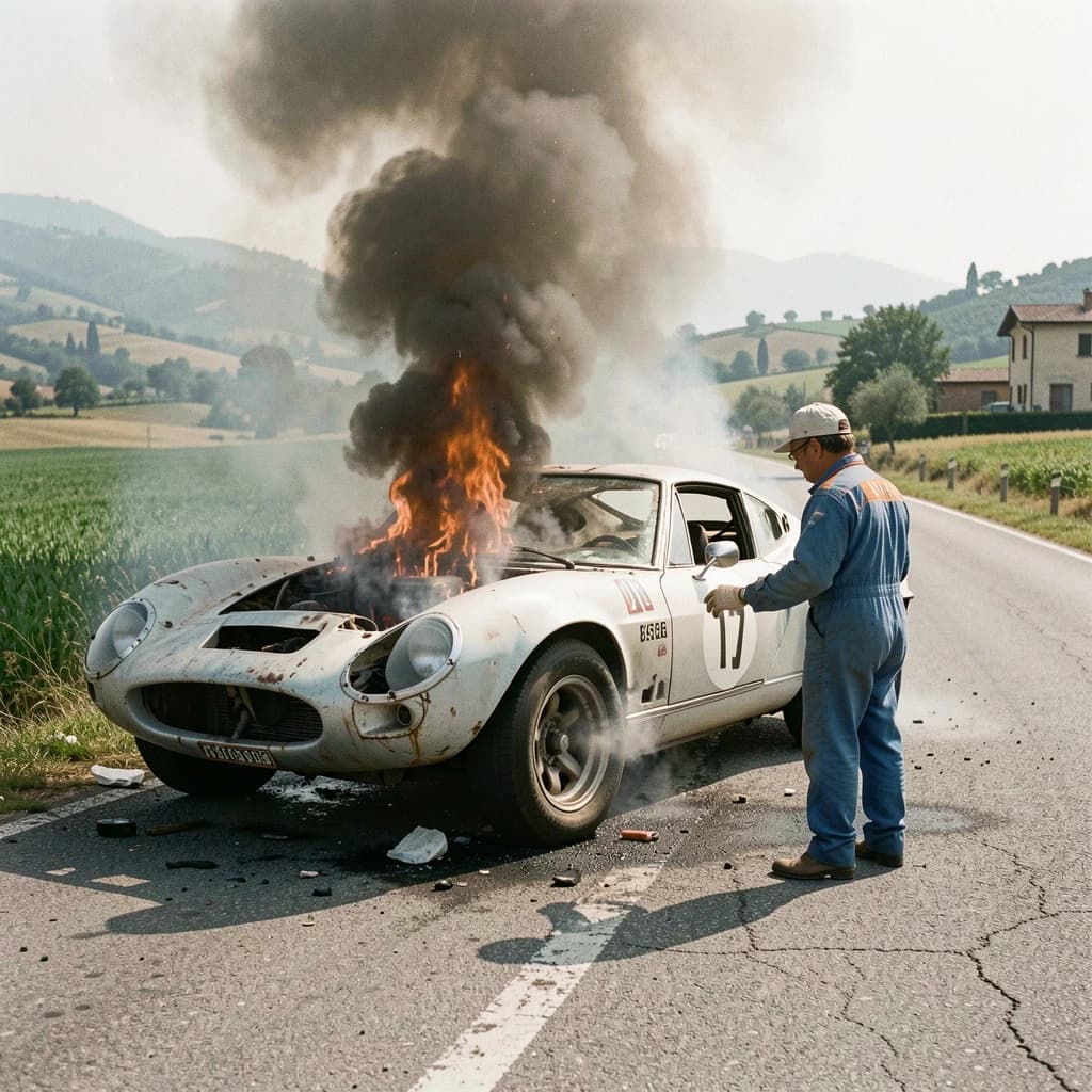 Mario examines the still smouldering wreck of the crash that took his best driver on the side of the country road. He designed this car and caused this. 3 days have passed since the crash. It's 1973 in Northern Italy.