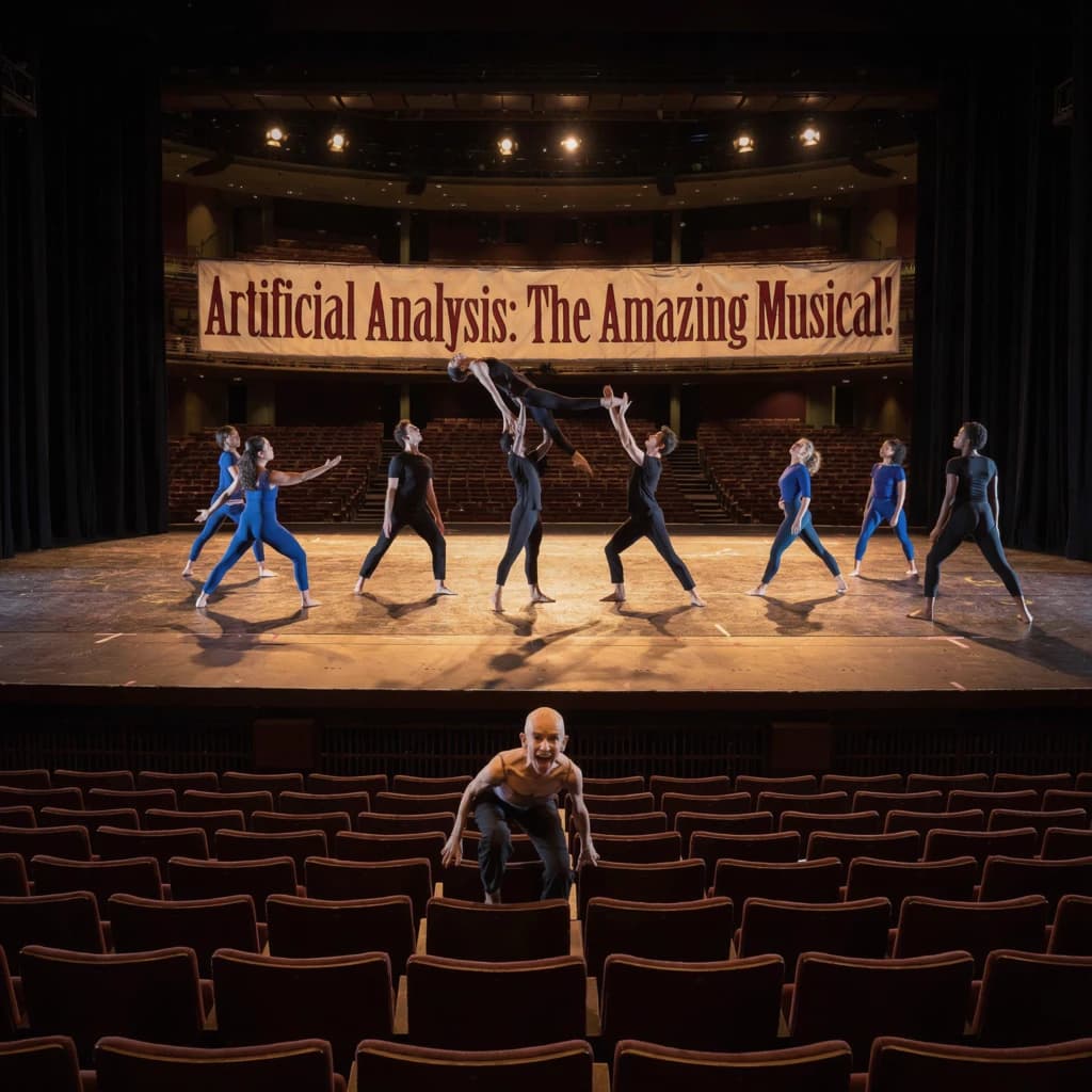 The musical troupe do a rehearsal in a large, empty theatre. 9 people are on the stage, half wear black and the others wear blue. The skinny bald director, seated in the second row, is practically leaping out of their seat with excitement as the leads nail their aerial. A giant banner reading "Artificial Analysis: The Amazing Musical!" is behind the actors.