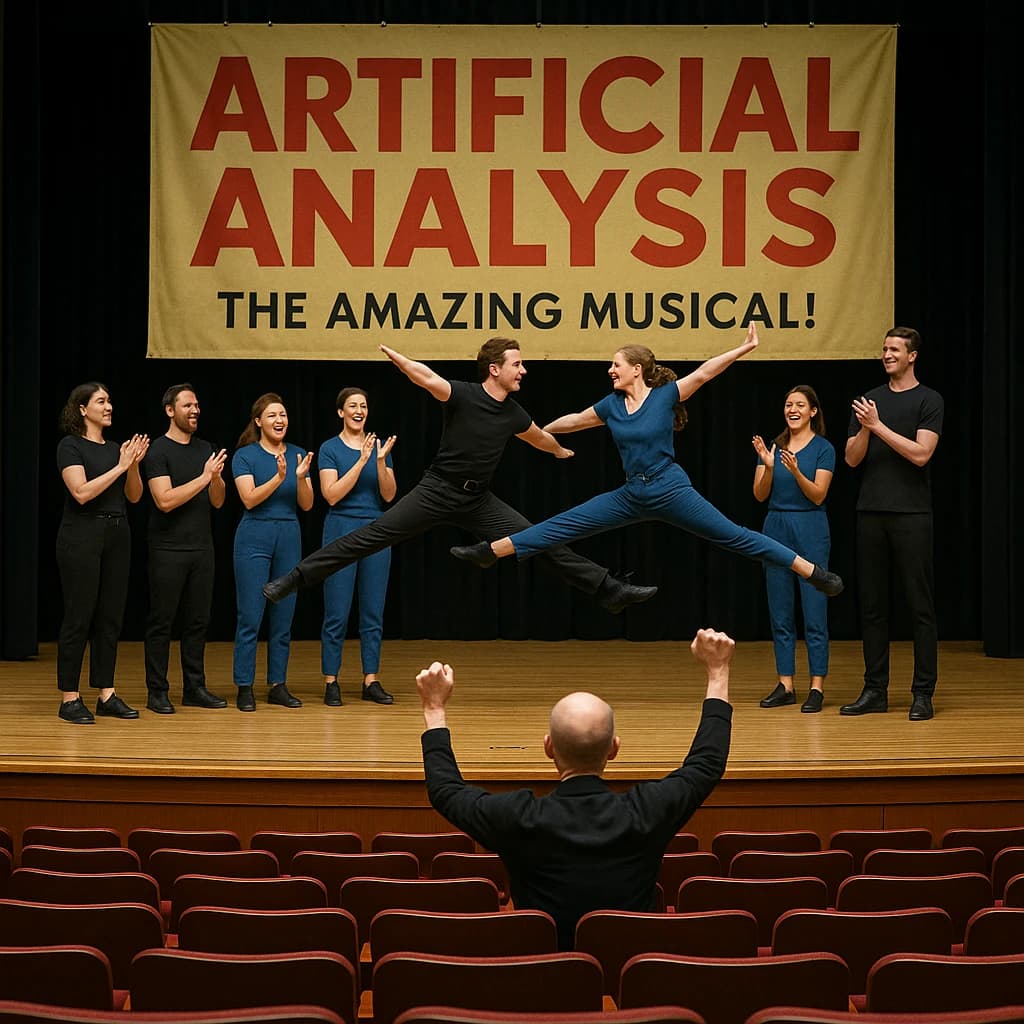 The musical troupe do a rehearsal in a large, empty theatre. 9 people are on the stage, half wear black and the others wear blue. The skinny bald director, seated in the second row, is practically leaping out of their seat with excitement as the leads nail their aerial. A giant banner reading "Artificial Analysis: The Amazing Musical!" is behind the actors.