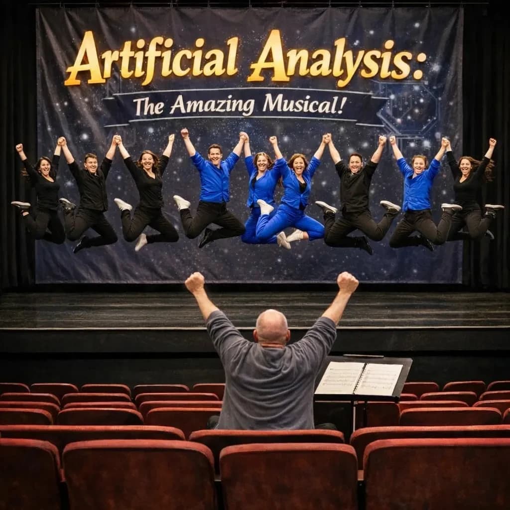 The musical troupe do a rehearsal in a large, empty theatre. 9 people are on the stage, half wear black and the others wear blue. The skinny bald director, seated in the second row, is practically leaping out of their seat with excitement as the leads nail their aerial. A giant banner reading "Artificial Analysis: The Amazing Musical!" is behind the actors.