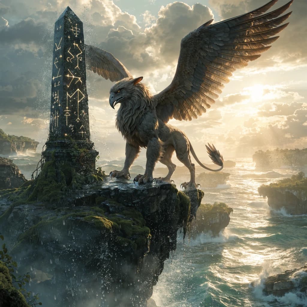 At dawn, a winged griffin lands on a mossy cliff above a jade sea beside a runed obelisk; floating isles drift under golden sunbeams, with a bit of sea spray and glowing runes.