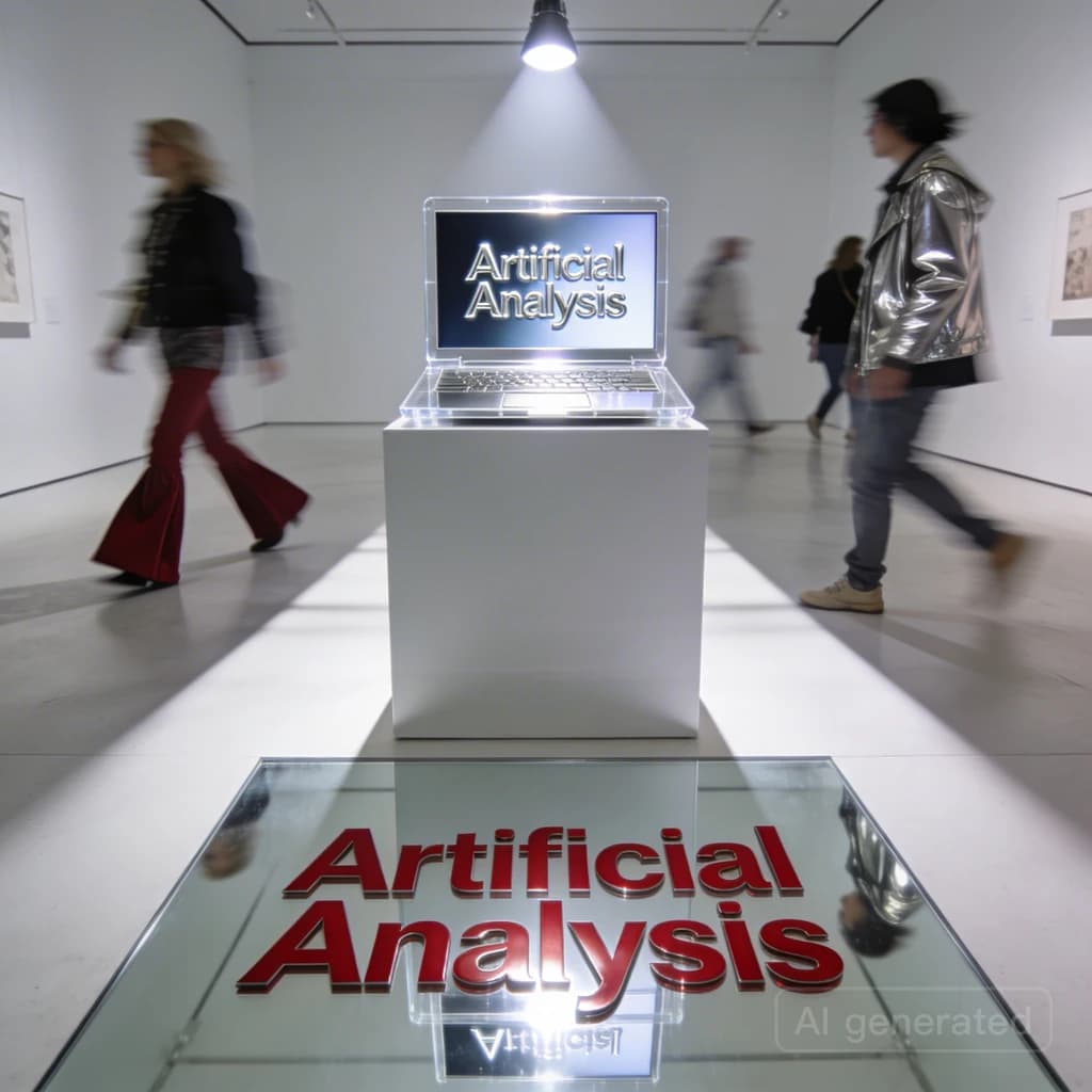 In a spotless gallery space, a pedestal supports a transparent laptop whose screen flickers between static and pristine brand imagery. Shoppers blur past in designer clothes that appear slightly outdated - bell bottoms, metallic jackets. The embossed logo “Artificial Analysis” glints silver, yet its reflection in the glass floor reads in crimson letters. A single spotlight shines, though shadows fall in two directions.