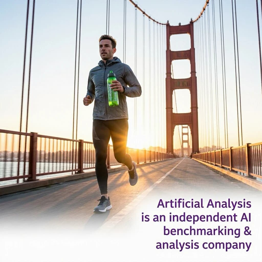 A runner dashes across the Golden Gate Bridge at dawn, sunlight streaming between cables. In their hand, they carry a neon-green sports drink with the brand name Artificial Analysis splashed boldly across the bottle. Motion blur emphasizes speed, while crisp purple sans serif typography overlays the bottom right of the scene with the tagline: Artificial Analysis is an independent AI benchmarking & analysis company