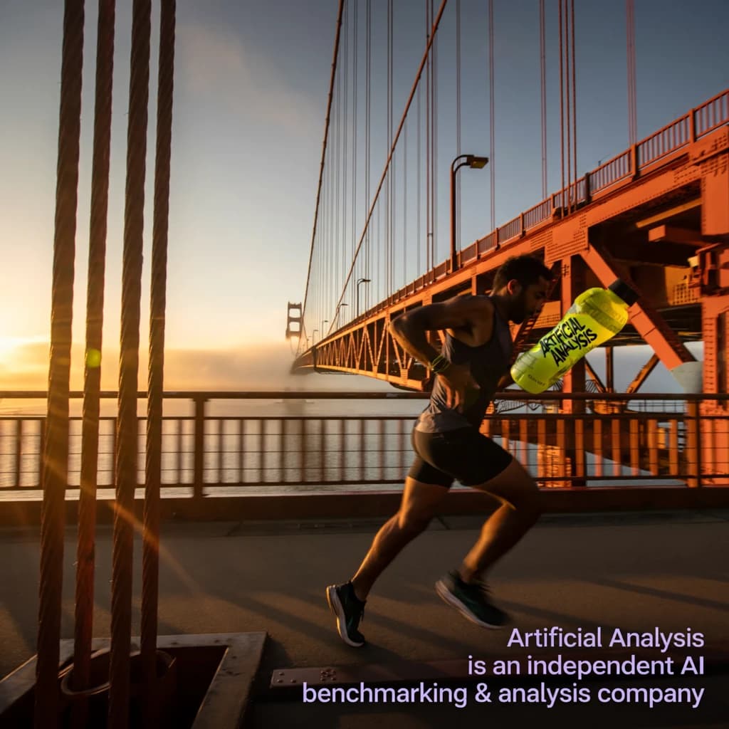 A runner dashes across the Golden Gate Bridge at dawn, sunlight streaming between cables. In their hand, they carry a neon-green sports drink with the brand name Artificial Analysis splashed boldly across the bottle. Motion blur emphasizes speed, while crisp purple sans serif typography overlays the bottom right of the scene with the tagline: Artificial Analysis is an independent AI benchmarking & analysis company