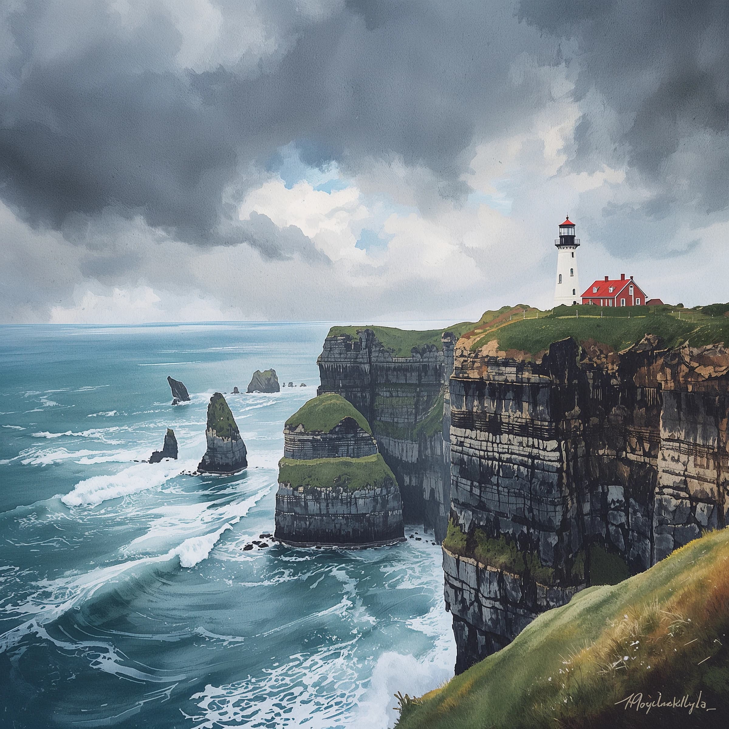 Please paint a watercolor of stormy cliffs and a lighthouse, moody sky.