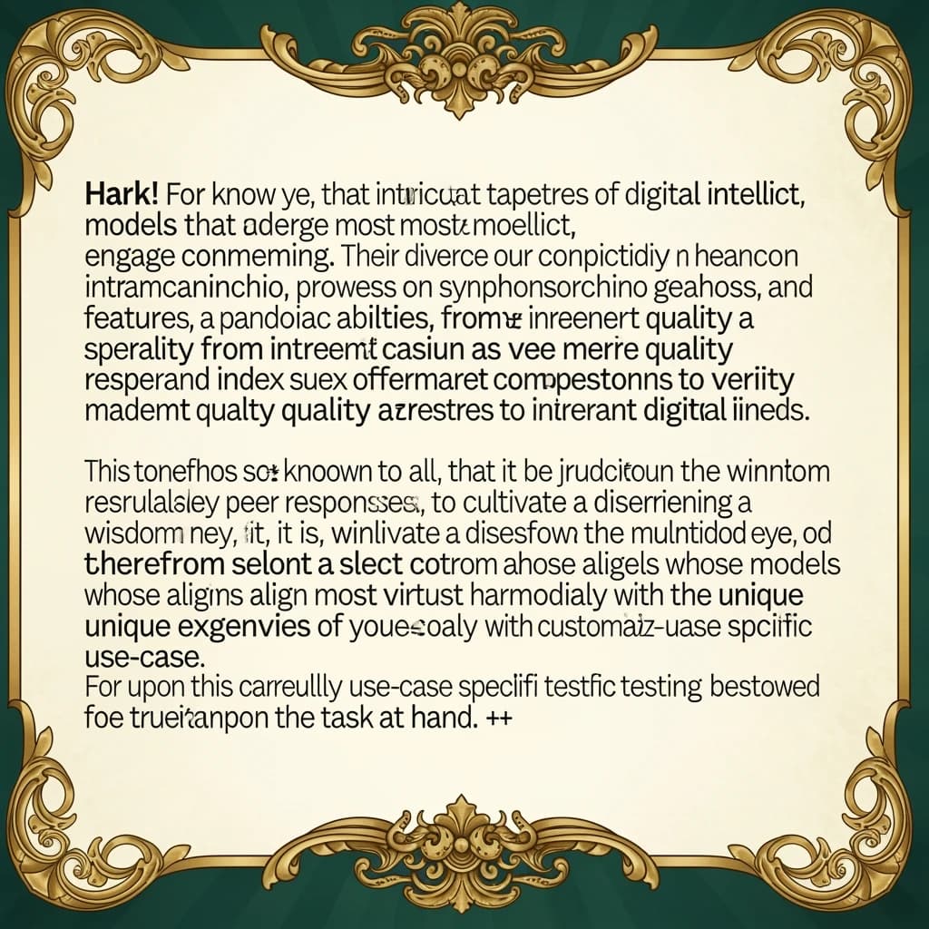 On a flat layout, write in an ornate baroque style "Models vary significantly between their technical performance, features and their quality. Artificial Analysis's intelligence index represents a generalist perspective and is useful as an indicator of the quality of responses. It is generally advisable to develop a short-list of models which best suit your use-case for customized use-case specific testing. "