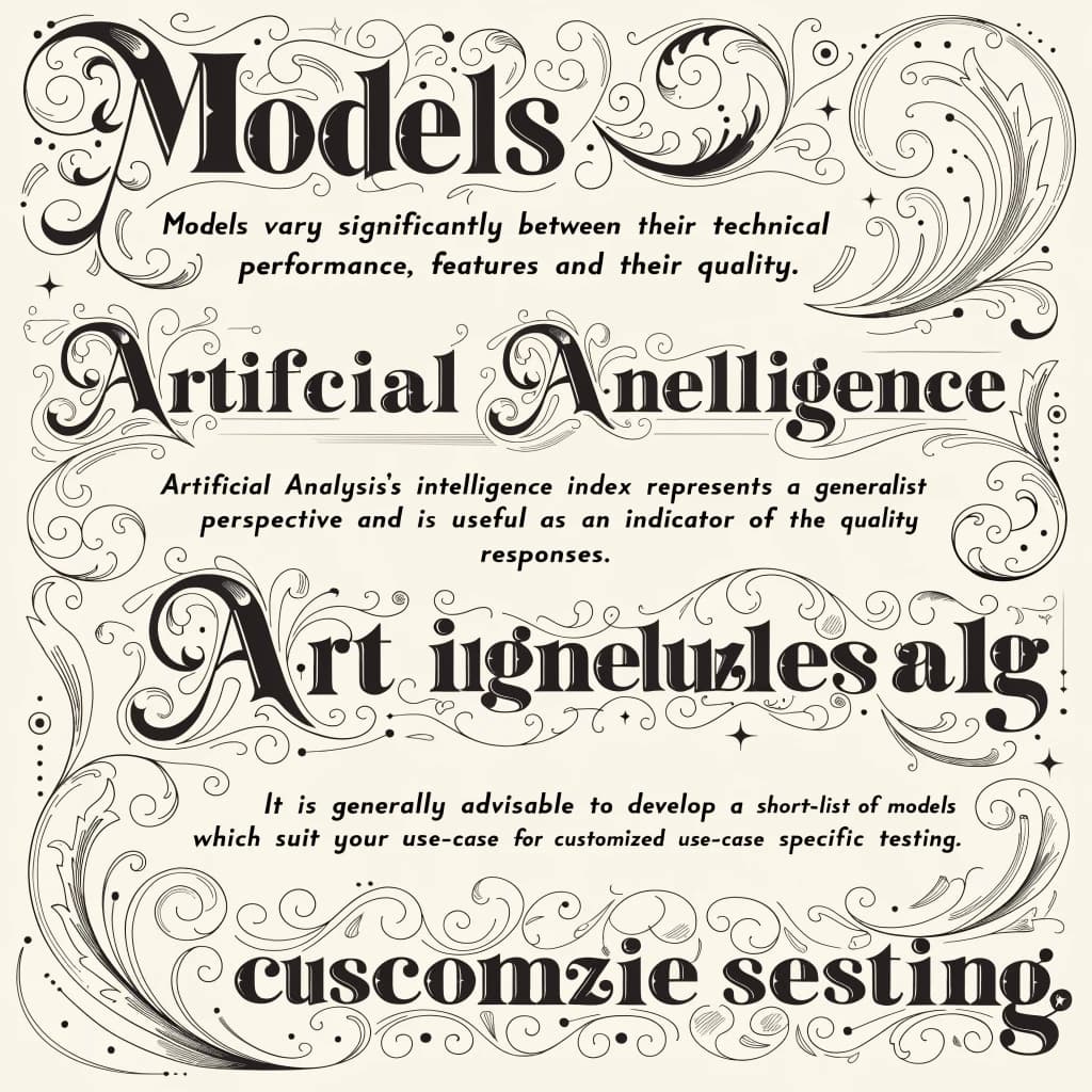 On a flat layout, write in an ornate baroque style "Models vary significantly between their technical performance, features and their quality. Artificial Analysis's intelligence index represents a generalist perspective and is useful as an indicator of the quality of responses. It is generally advisable to develop a short-list of models which best suit your use-case for customized use-case specific testing. "