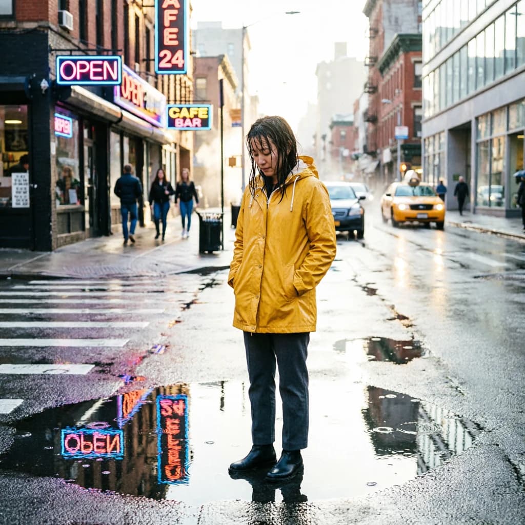 A sunlit city street after rain; puddles mirror neon signs as a woman in a yellow raincoat waits at a crosswalk, soft mist, 50mm look, natural tones, a bit of film grain.