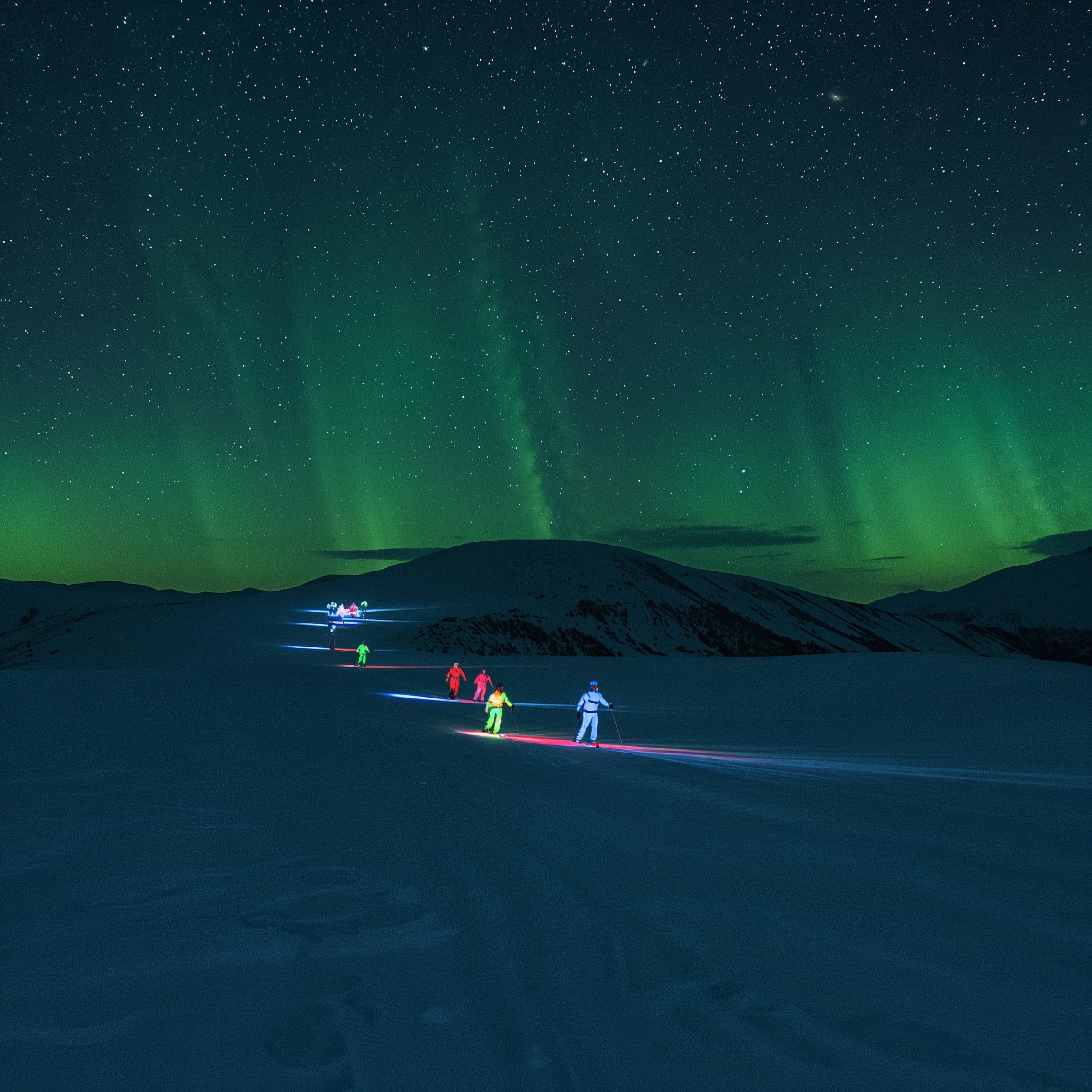 Coronet Peak Night Skiing: Skiers in colorful LED suits carve their way down the slopes of New Zealand's Coronet Peak under the Aurora Borealis, the skiers' light trails visible behind them