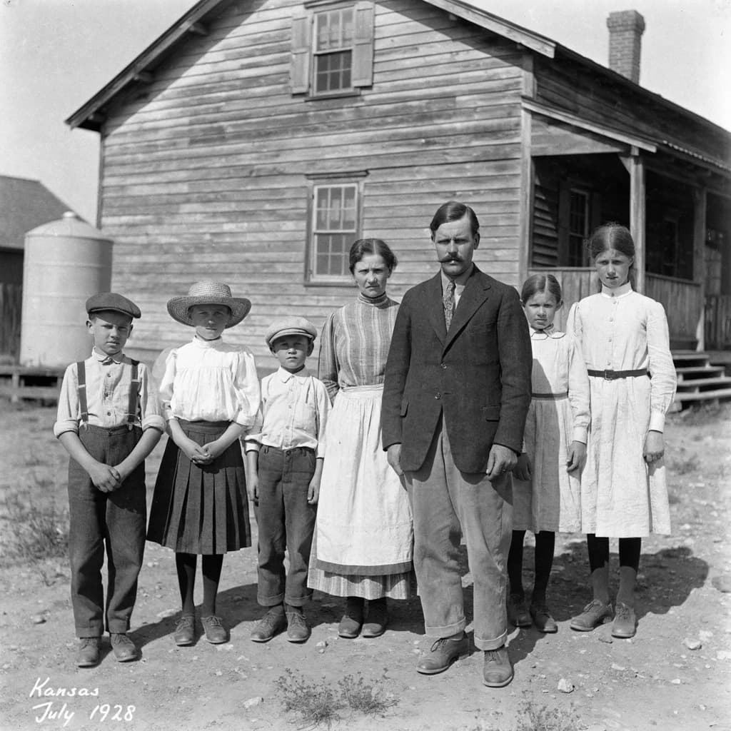 Everybody holds still and nobody smiles for the family portrait. It's 1928 in Kansas