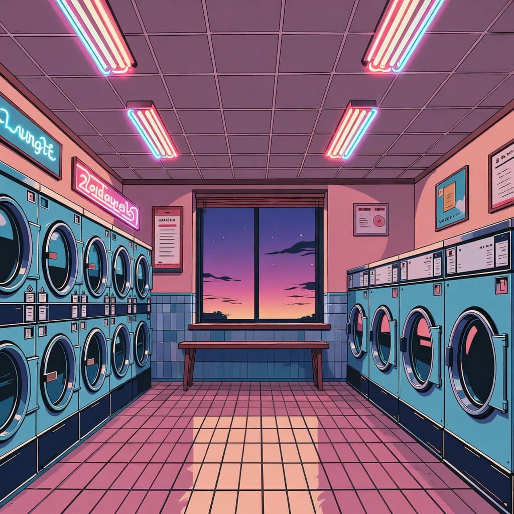 A cozy laundromat at dusk, neon humming, flat colors, bold inked lines.