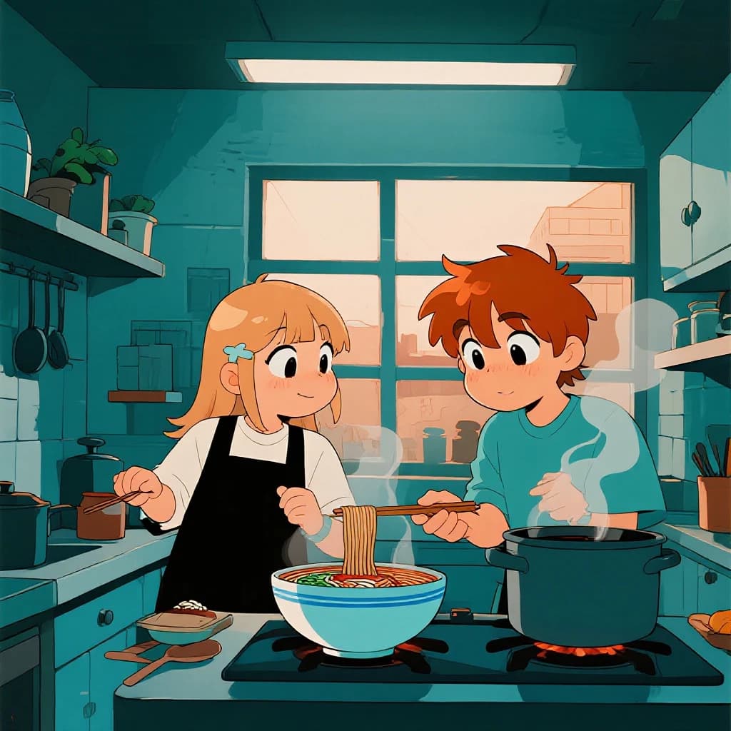 Club friends cooking ramen, steam rising, cel-shaded, city kitchen, big eyes.