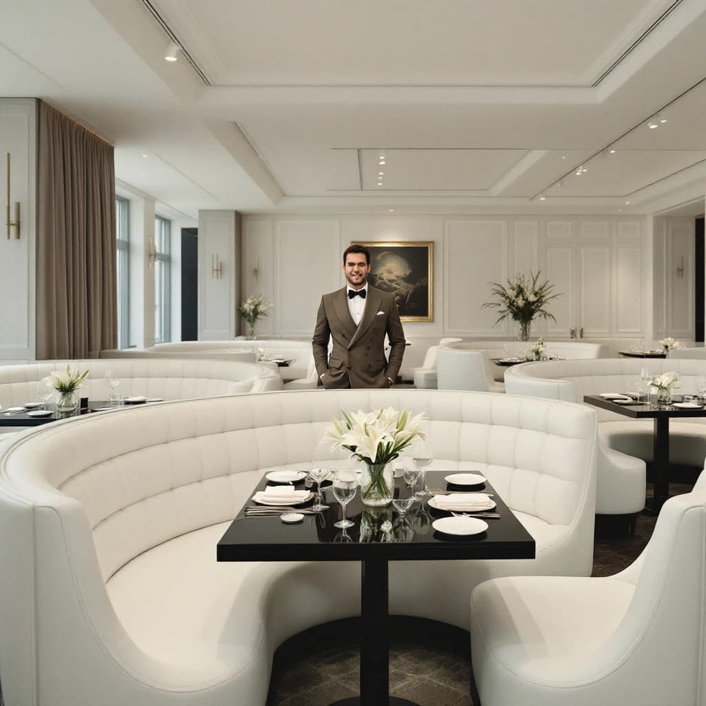 The place is almost empty. The banquettes are covered in white leather, the tables black granite, and the entire room is bathed in halogen track lighting that seems too bright. The maître d’ wears a double-breasted wool crepe jacket. There are lilies on every table.