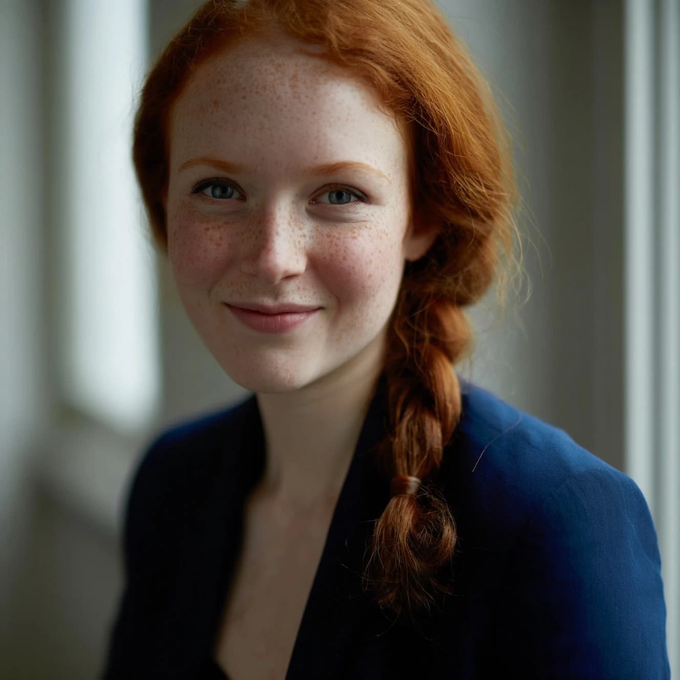 Capture a head-and-shoulders portrait of a freckled red-haired violinist in a navy blazer, soft window light, 85mm at f/1.8, gently smiling yet serious eyes, muted tones.