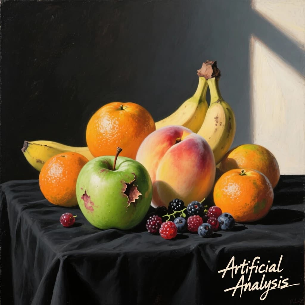 A still life scene painted oil on canvas, comprising various fruits on a black table cloth with striking lighting coming from the right out of frame, creating strong shadows. A bruised green apple is in the foreground, a peach behind it, and behind that a melange of oranges and bananas in various states of ripeness. Berries are strewn in front of the apple. The artist has signed his name "Artificial Analysis" in the bottom right corner in a hurried fashion.