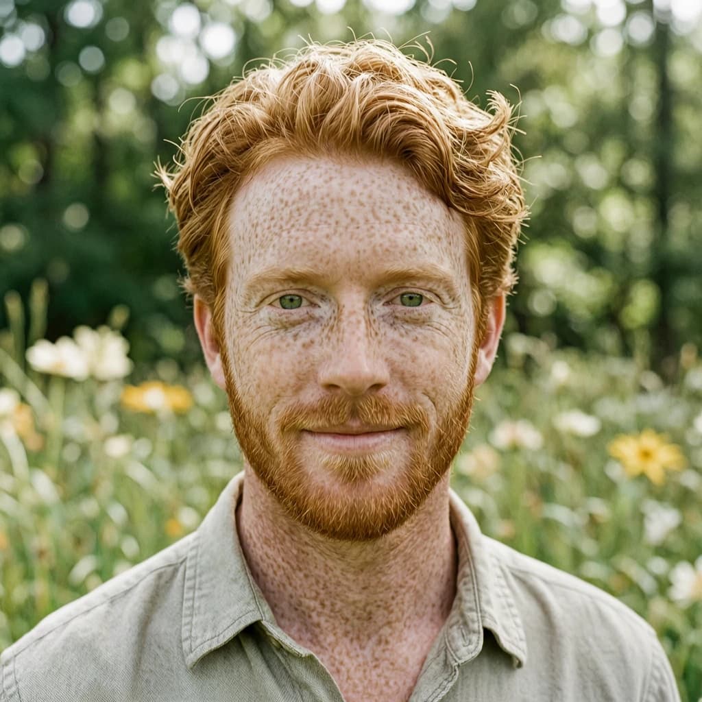 Shoot a natural light headshot of a red-haired man with freckles, green eyes.