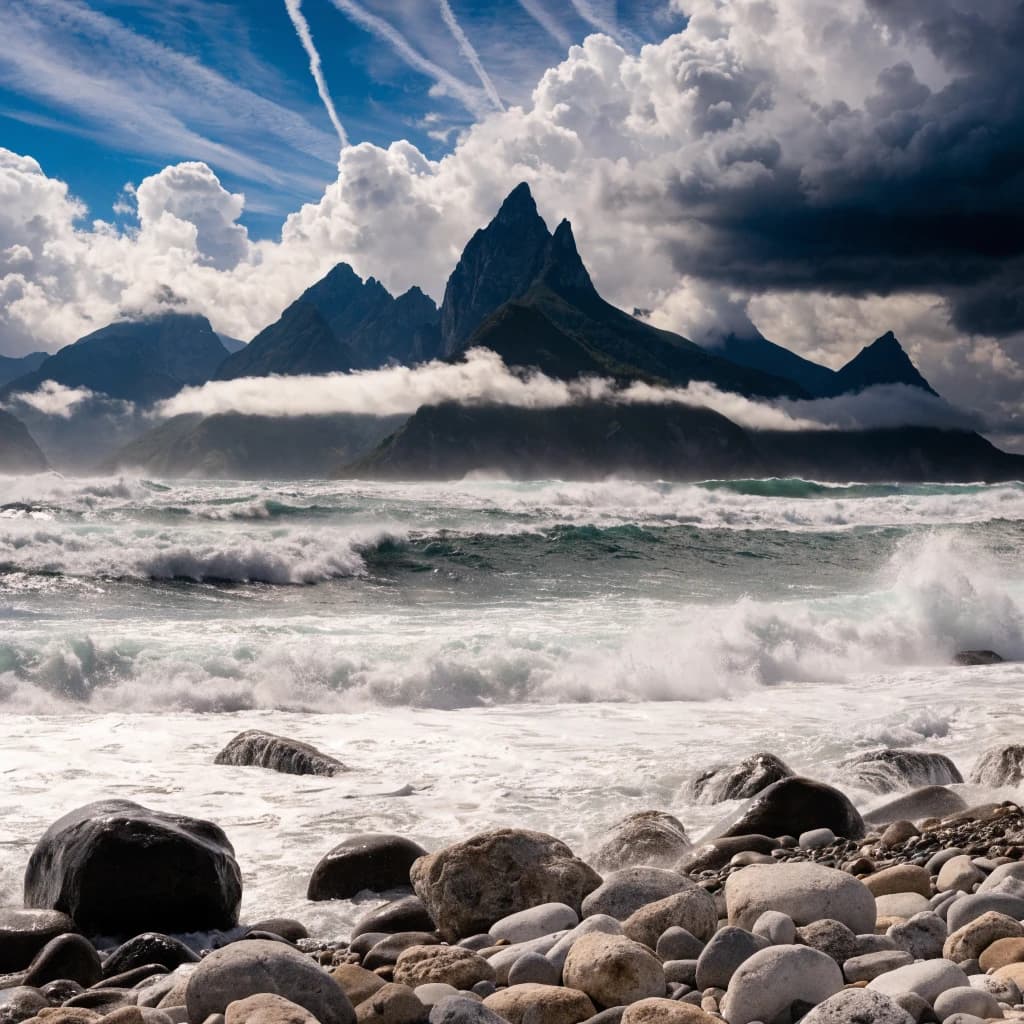 A stunning mountain vista pokes through the cloud top. Contrails from a distant airplane linger in the air. In the foreground there is a stony beach with foamy seas. A thunder storm is visibile in the distant right.