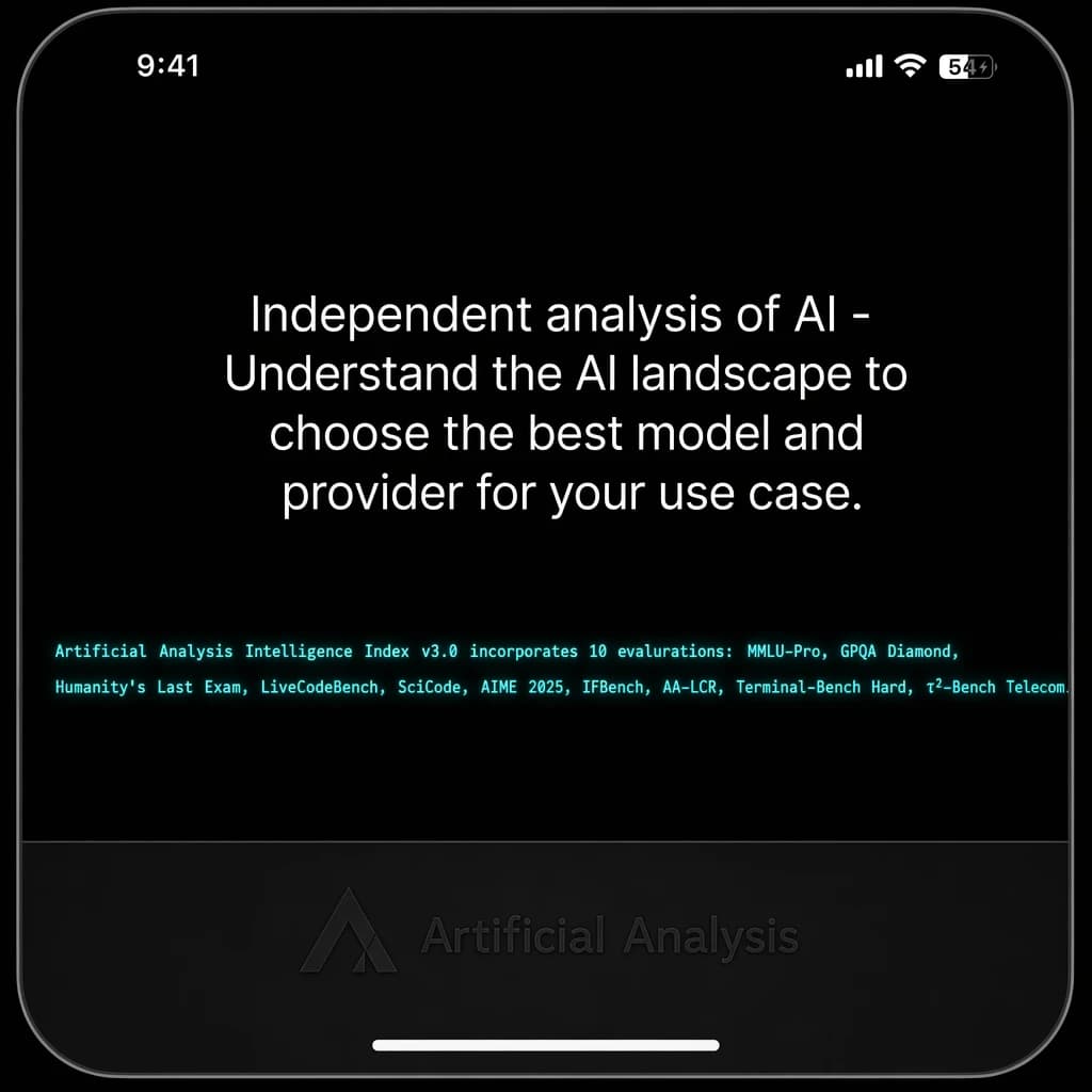 On a black smartphone UI with rounded corners, display a centered text block in white San Francisco font, 16pt: “Independent analysis of AI - Understand the AI landscape to choose the best model and provider for your use case.” Below, in neon cyan, monospace font, smaller size: “Artificial Analysis Intelligence Index v3.0 incorporates 10 evaluations: MMLU-Pro, GPQA Diamond, Humanity's Last Exam, LiveCodeBench, SciCode, AIME 2025, IFBench, AA-LCR, Terminal-Bench Hard, 𝜏²-Bench Telecom.” The second block scrolls horizontally as a ticker. The battery icon in the status bar shows 54%. The Artificial Analysis logo appears faintly, embossed into the bottom navigation bar.
