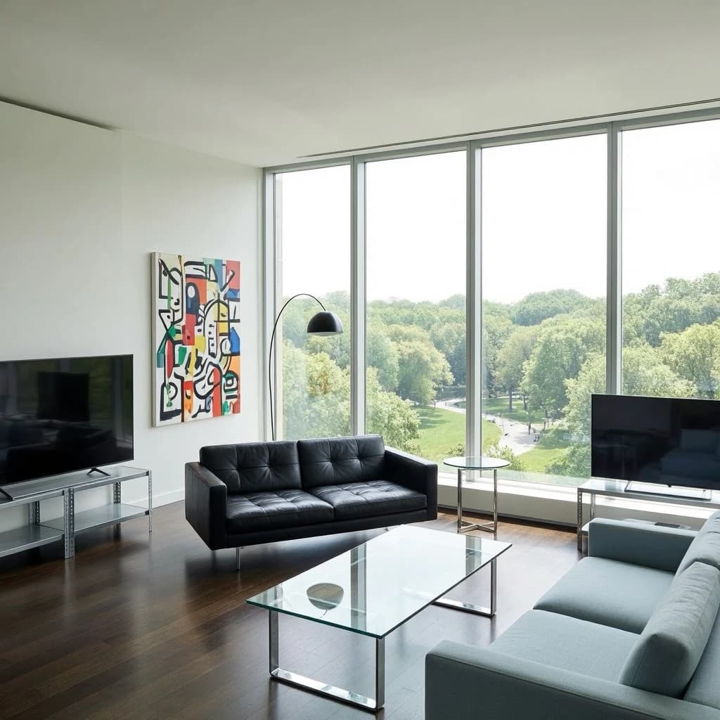 My apartment overlooks Central Park. It’s very luxurious, very expensive, and the furniture is minimal — a black leather couch, a glass coffee table with chrome legs, an Arne Jacobsen floor lamp. A big-screen television set rests on a steel shelving unit. A David Onica painting hangs above the couch. There’s a stainless steel and glass cocktail table. A powder-blue sofa. A thirty-inch digital TV.