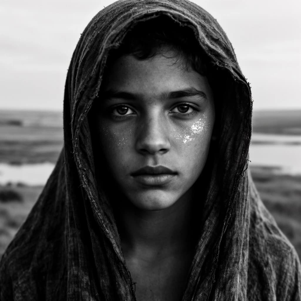 A dramatic black-and-white portrait of a young person draped in a hooded garment, their face framed by the hood's dark folds. Their skin tone and the subtle sheen on their cheeks create striking tonal contrast against the deep shadows. Their eyes are piercing, looking directly into the lens with a calm, steady intensity—neither confrontational nor submissive, but deeply present. The texture of the fabric is visible: it's dense, slightly weathered, and whisper-thin creases catch the light. In the background, an expansive, out-of-focus landscape suggests open space—perhaps distant plains or water—though the details remain soft and abstract. The overall mood is silent yet powerful, poised between vulnerability and resilience, with every highlight and shadow telling part of their story.