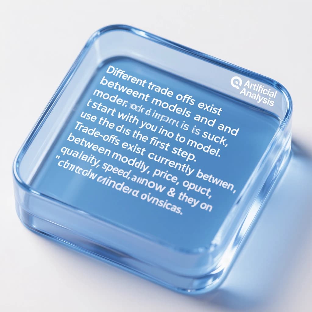 In a clear transparent blue glassy rounded box, etch "Different trade offs exist between different models and providers and as such, it is important to start with how you intend to use the model as the first step. Trade-offs exist currently between model quality, price, output speed, latency, context window & other dimensions. " in sans serif medium weight text. Artificial Analysis is watermarked over the top right 